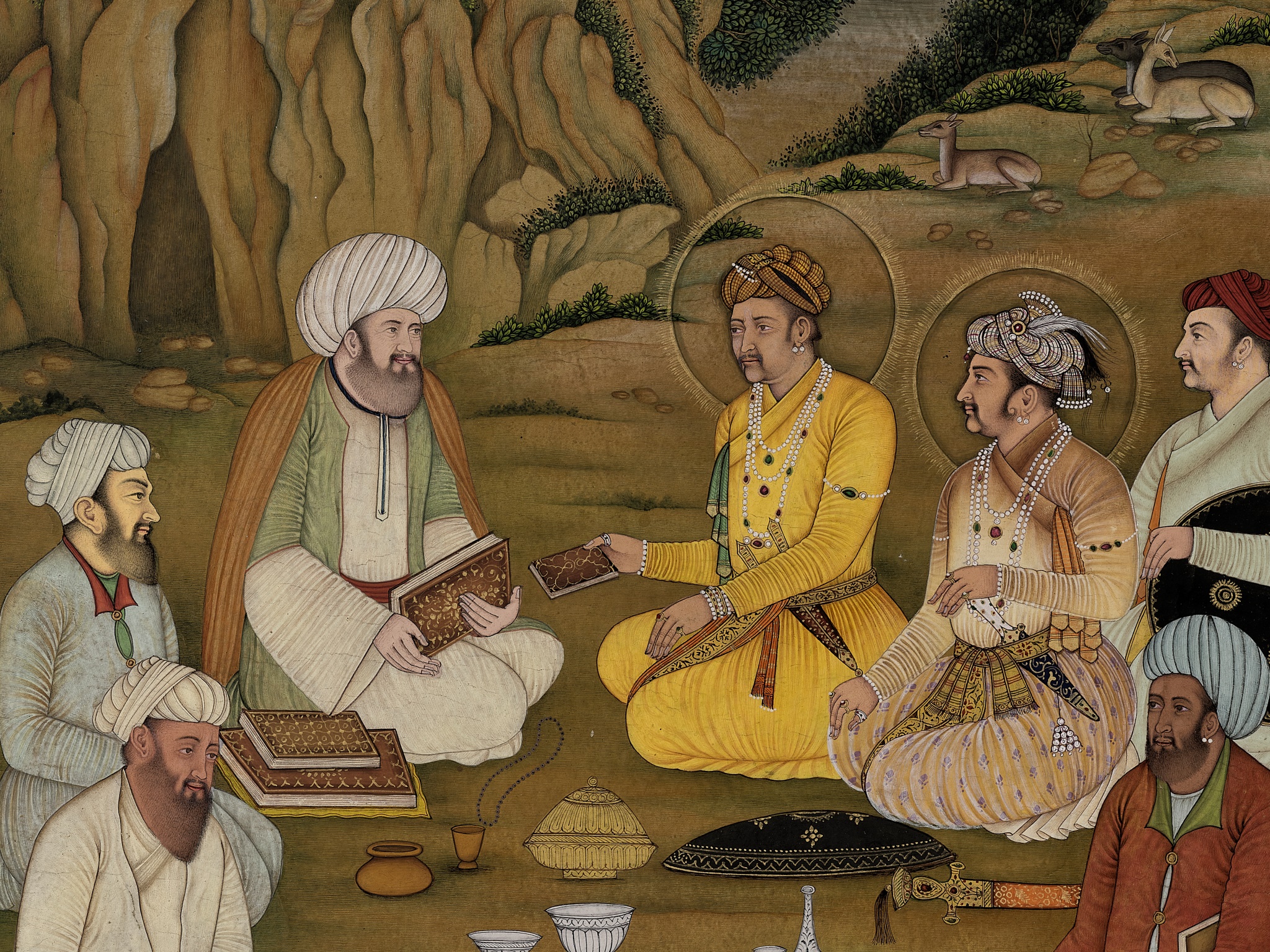 AN INDIAN MINIATURE PAINTING OF EMPEROR JAHANGIR AND HIS SONS VISITING A HERMIT - Image 3 of 7