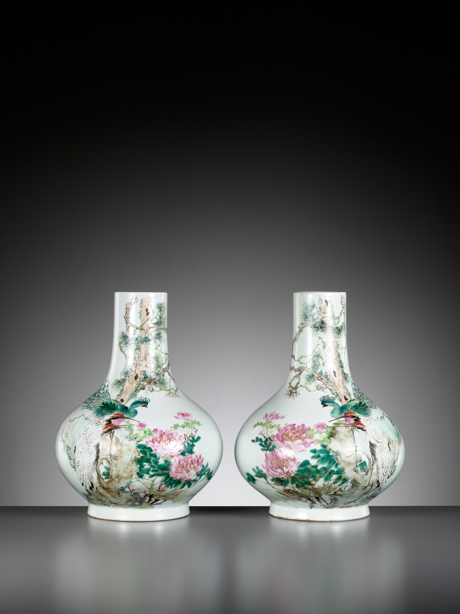 A PAIR OF 'QIANJIANG CAI' ENAMELED 'PEACOCK AND CRANE' VASES, BY MA QINGYUN, DATED 1920 - Image 7 of 13