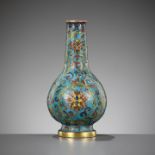 A CLOISONNE ENAMEL 'LOTUS' BOTTLE VASE, QIANLONG FIVE-CHARACTER MARK AND OF THE PERIOD