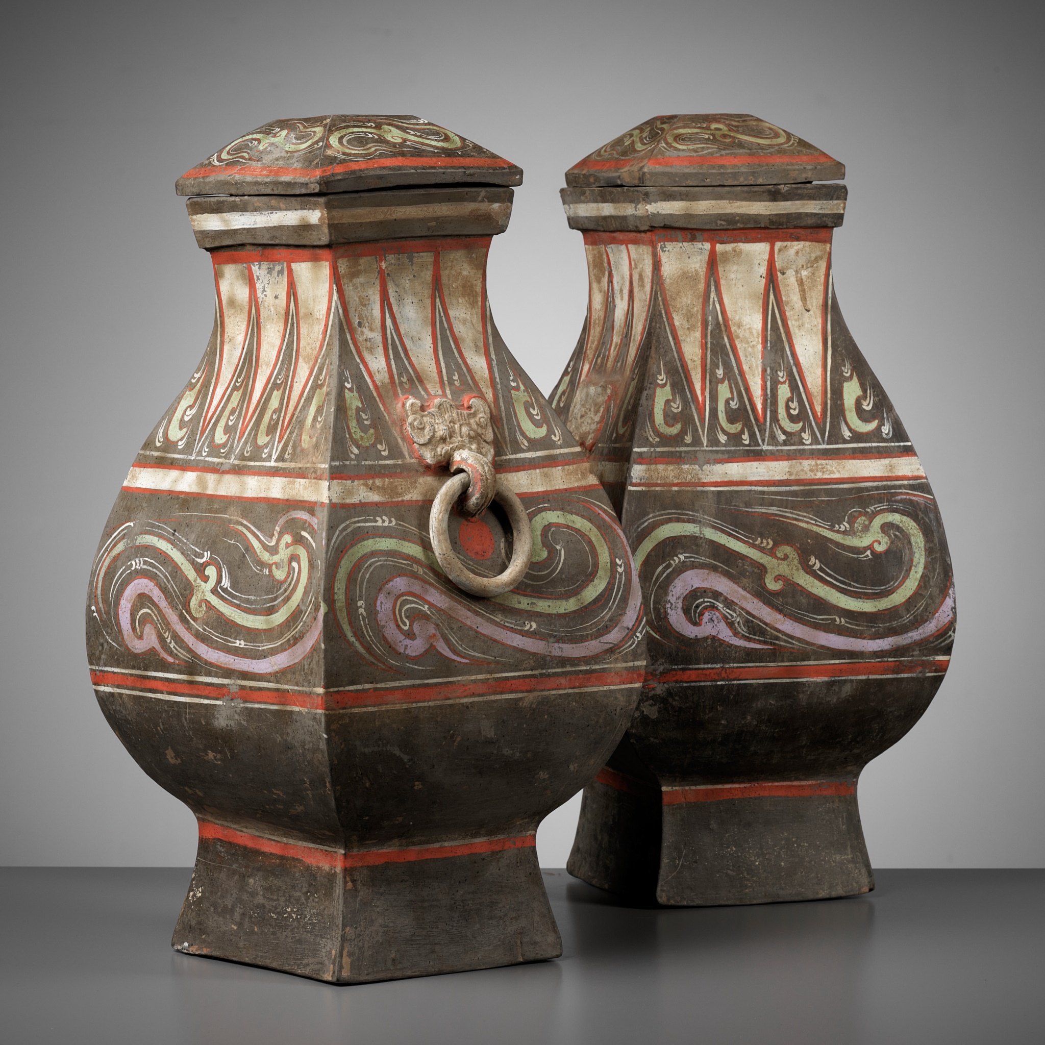 A PAIR OF LARGE PAINTED POTTERY SQUARE VASES AND COVERS, FANGHU, HAN DYNASTY