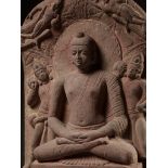 A PINK SANDSTONE STELE OF BUDDHA SHAKYAMUNI, KUSHAN PERIOD, MATHURA, LATE 1ST TO EARLY 2ND CENTURY