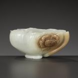 A WHITE AND BROWN JADE 'LOTUS, CRAB AND MILLET' BRUSH WASHER AND MATCHING WOOD STAND, 18TH CENTURY
