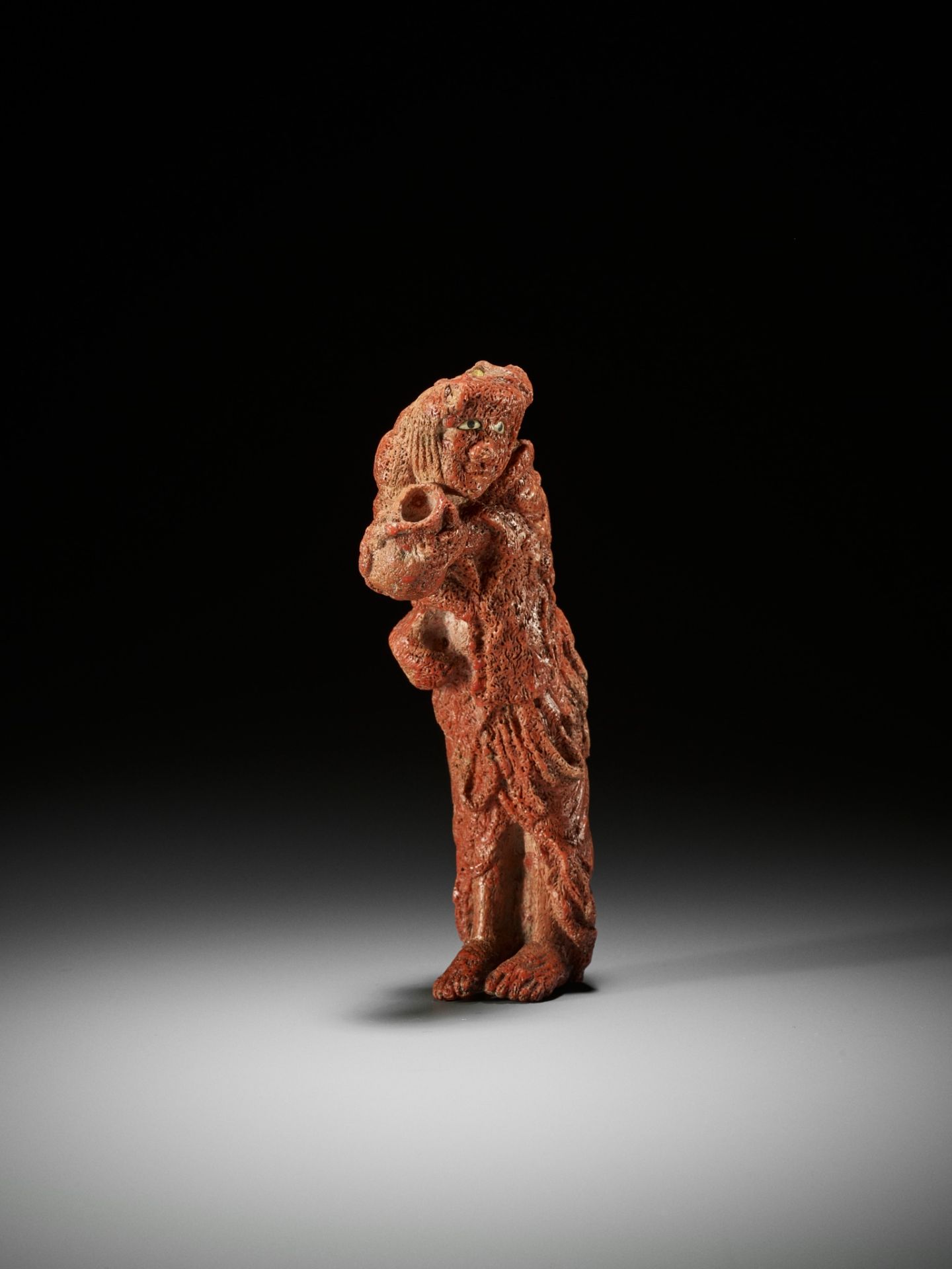 AN EXCEPTIONALLY RARE AND LARGE SOLID CORAL NETSUKE OF GAMA SENNIN - Image 9 of 12