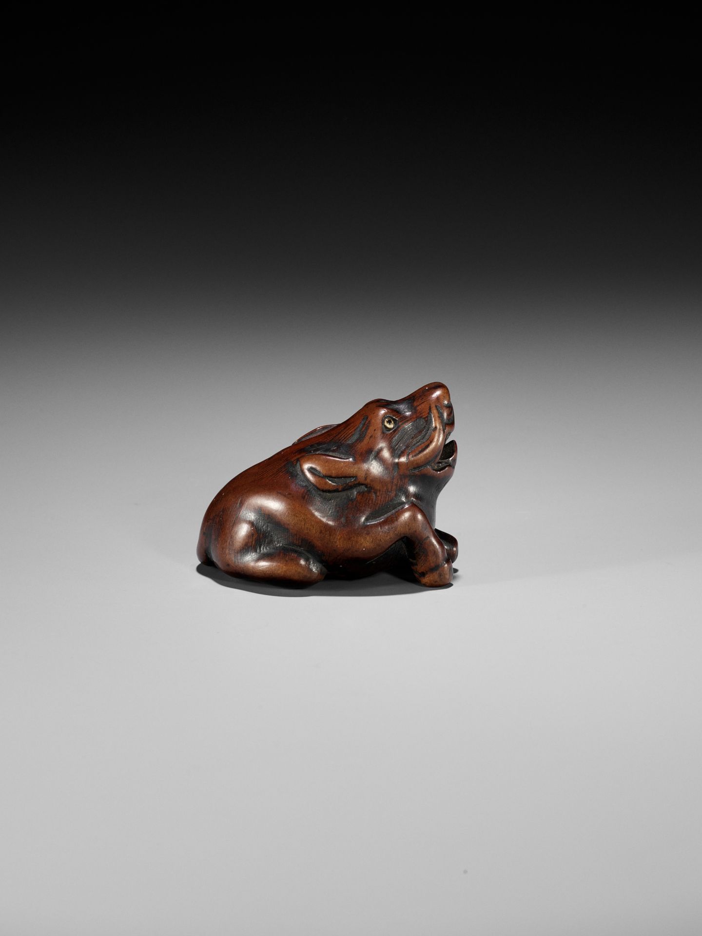 A FINE TANBA SCHOOL WOOD NETSUKE OF A RECUMBENT BOAR - Bild 9 aus 12