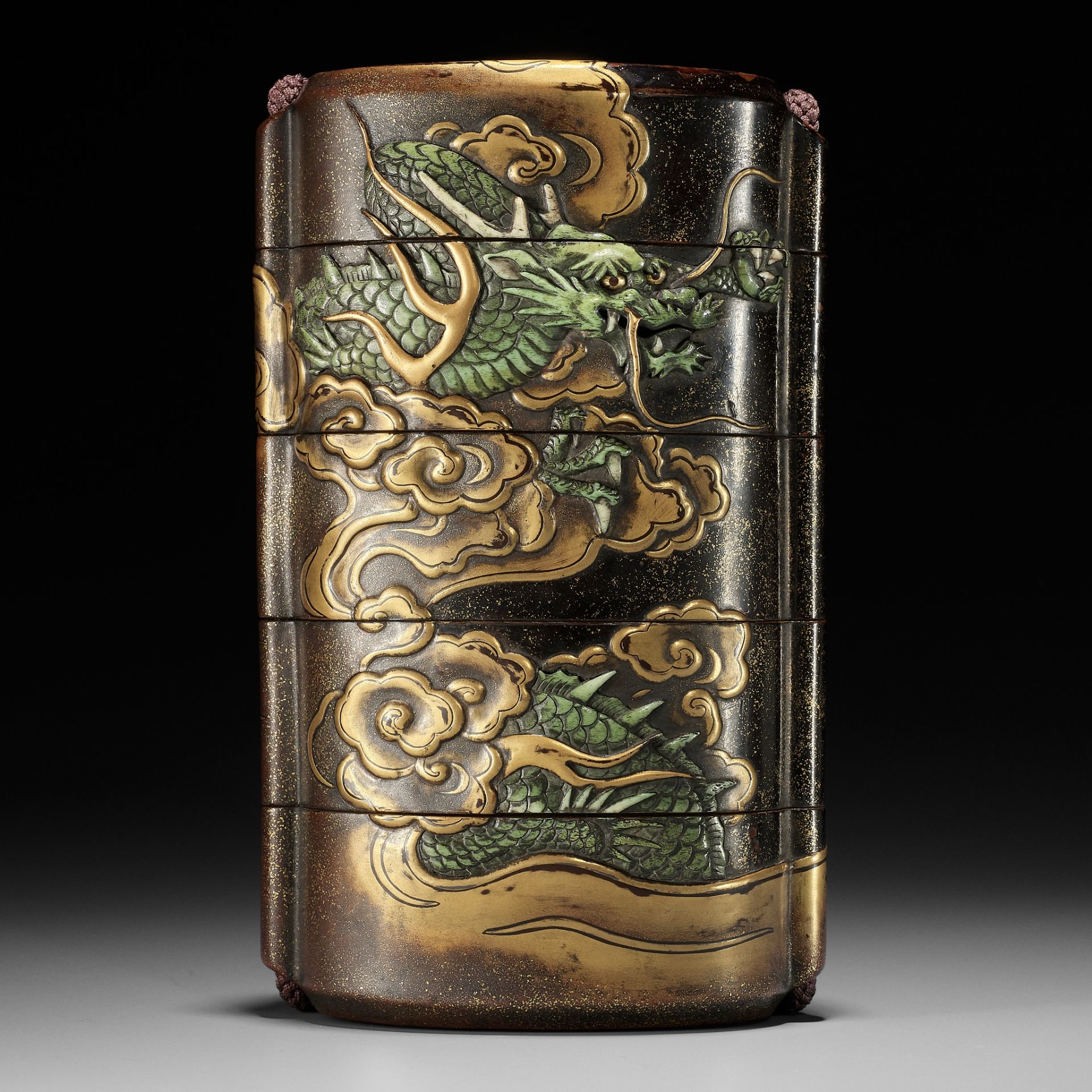 KAJIKAWA KYUJIRO: EXCEPTIONALLY LARGE AND IMPORTANT LACQUER FOUR CASE INRO WITH DRAGON, DATED 1647