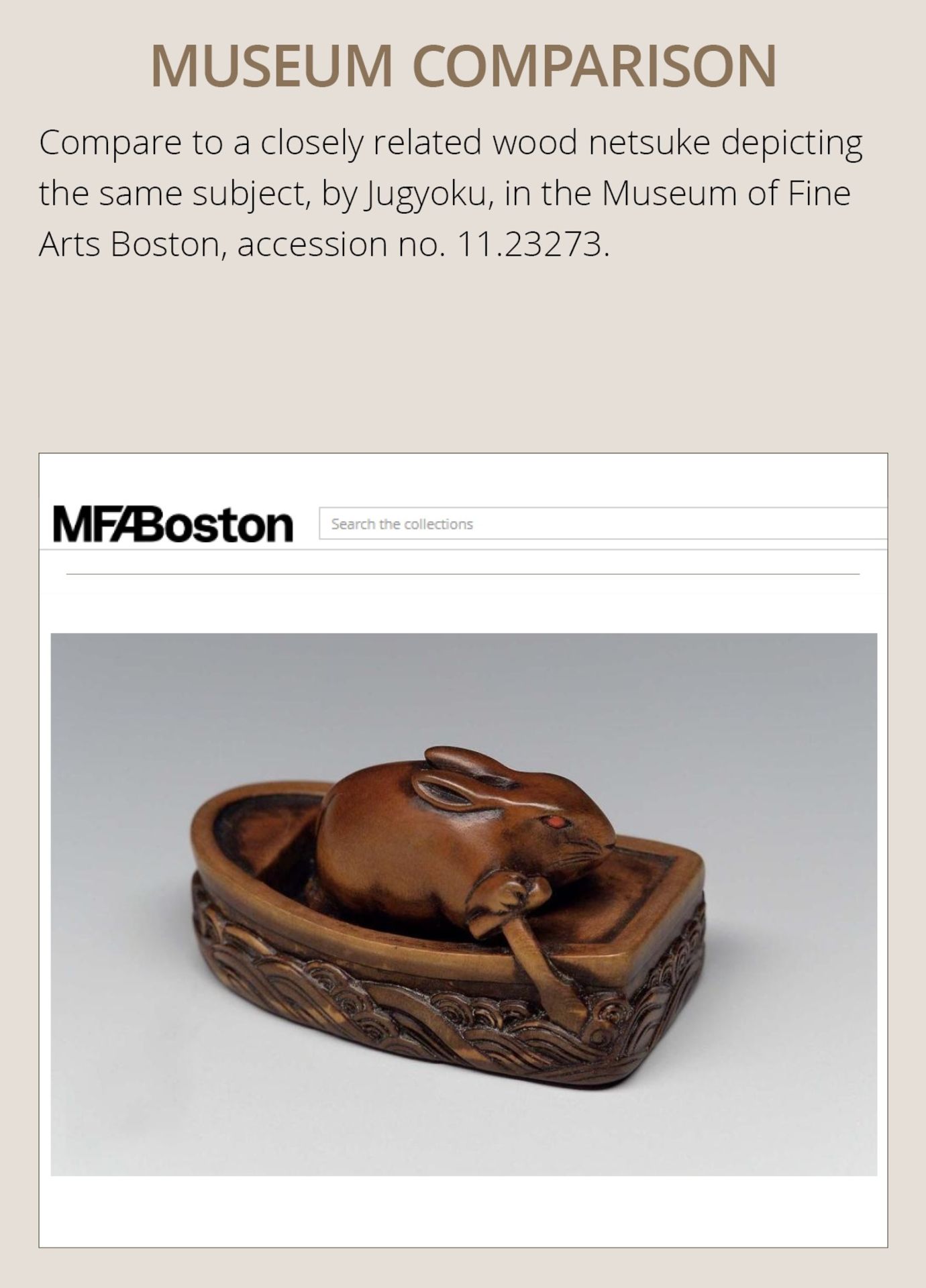 JUJO: A FINE WOOD NETSUKE OF HARE IN BOAT, KACHI-KACHI YAMA - Image 4 of 12