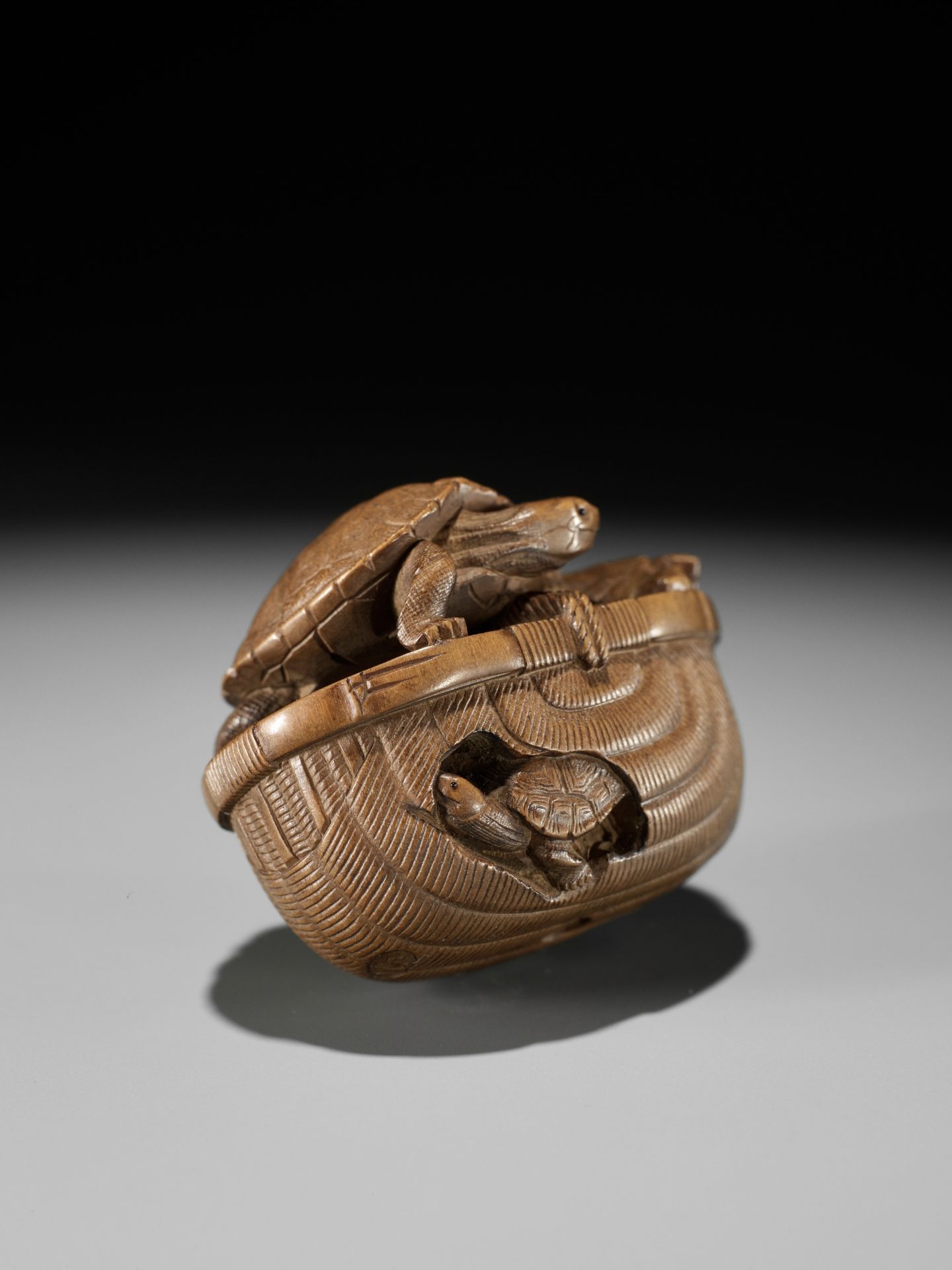 TADAKAZU: A FINE WOOD NETSUKE OF TURTLES IN A BASKET - Image 2 of 12