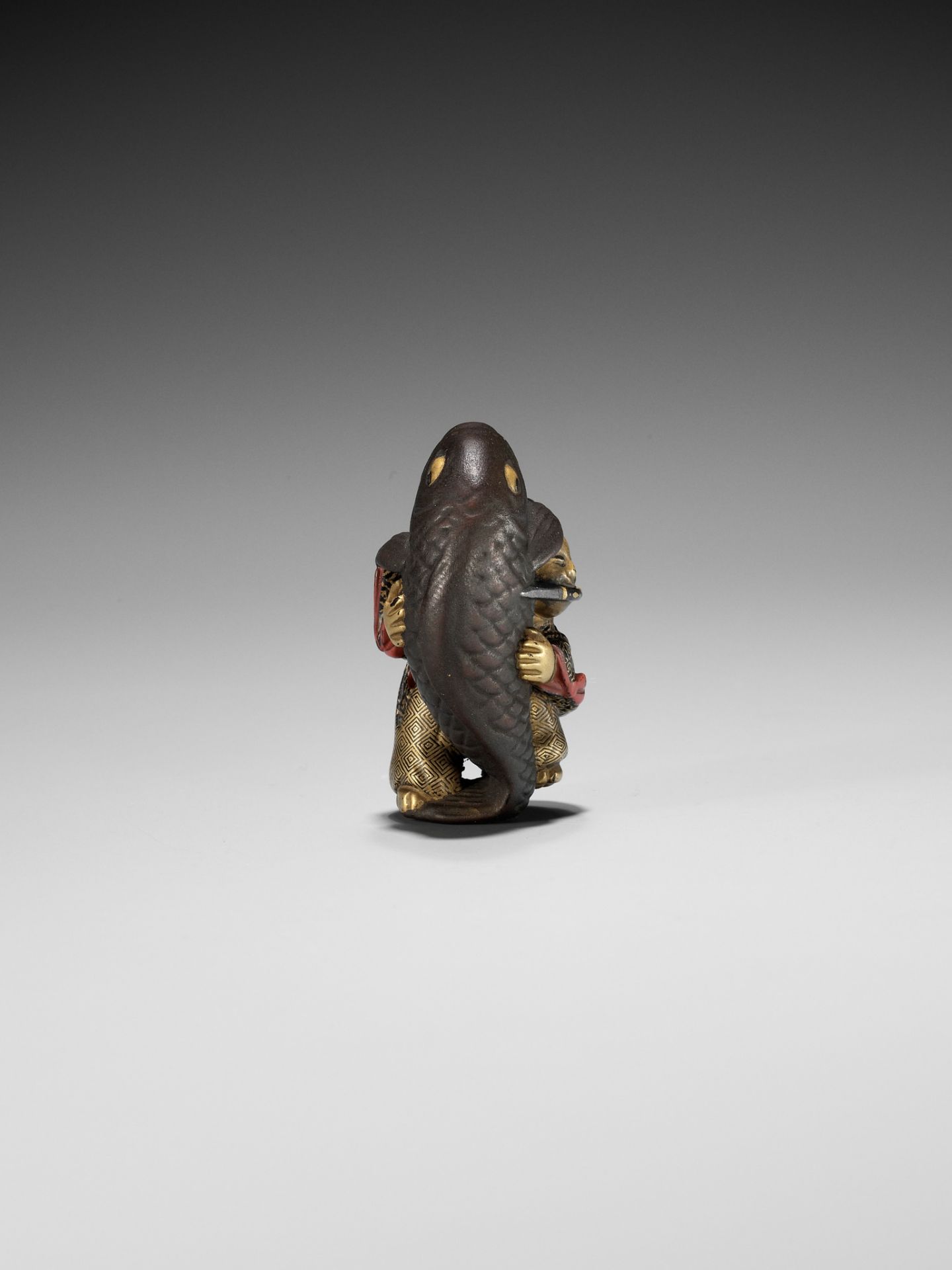 A RARE LACQUER NETSUKE OF ONIWAKAMARU SLAYING THE GIANT CARP - Image 2 of 12