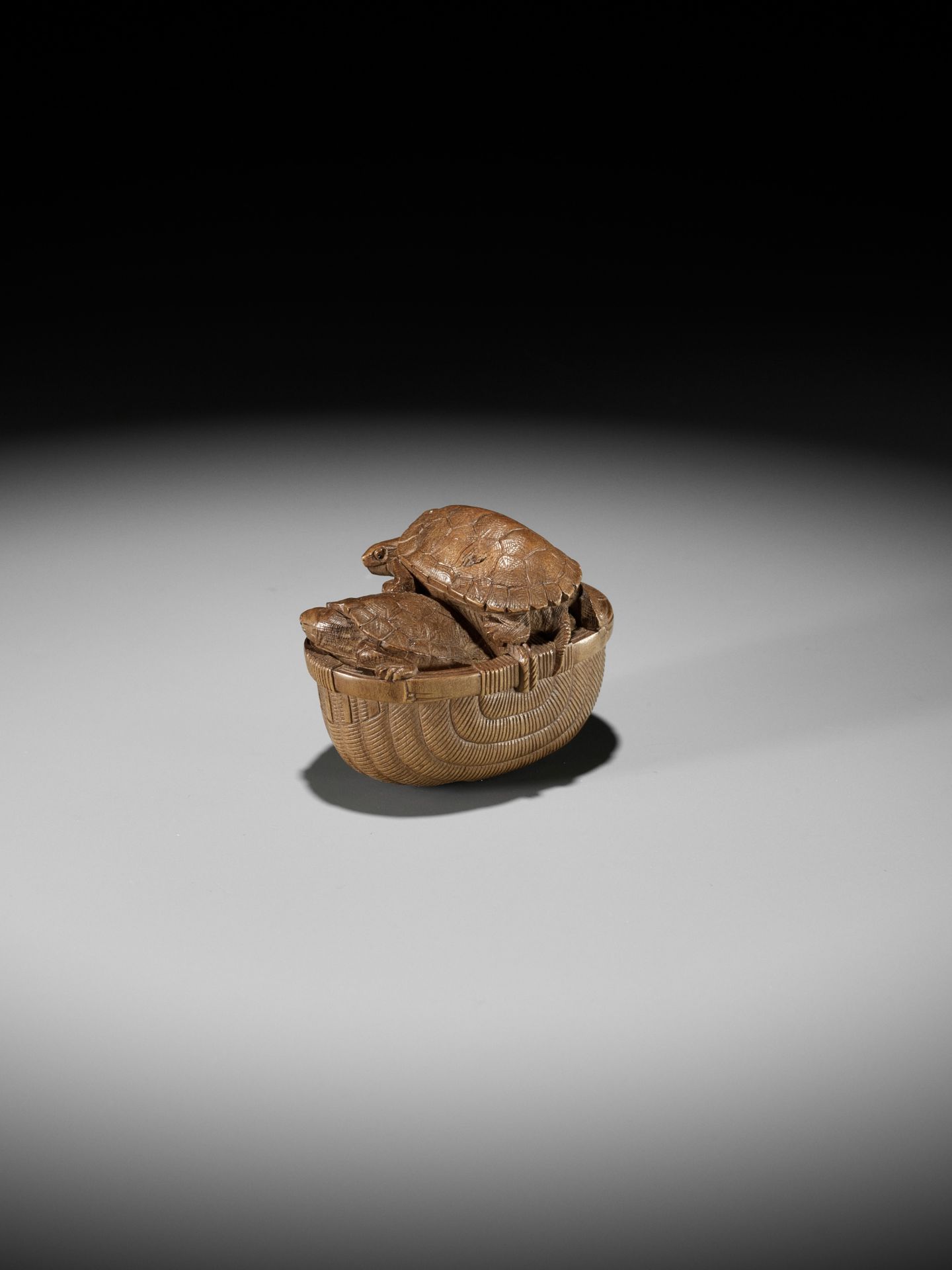 TADAKAZU: A FINE WOOD NETSUKE OF TURTLES IN A BASKET - Image 7 of 12