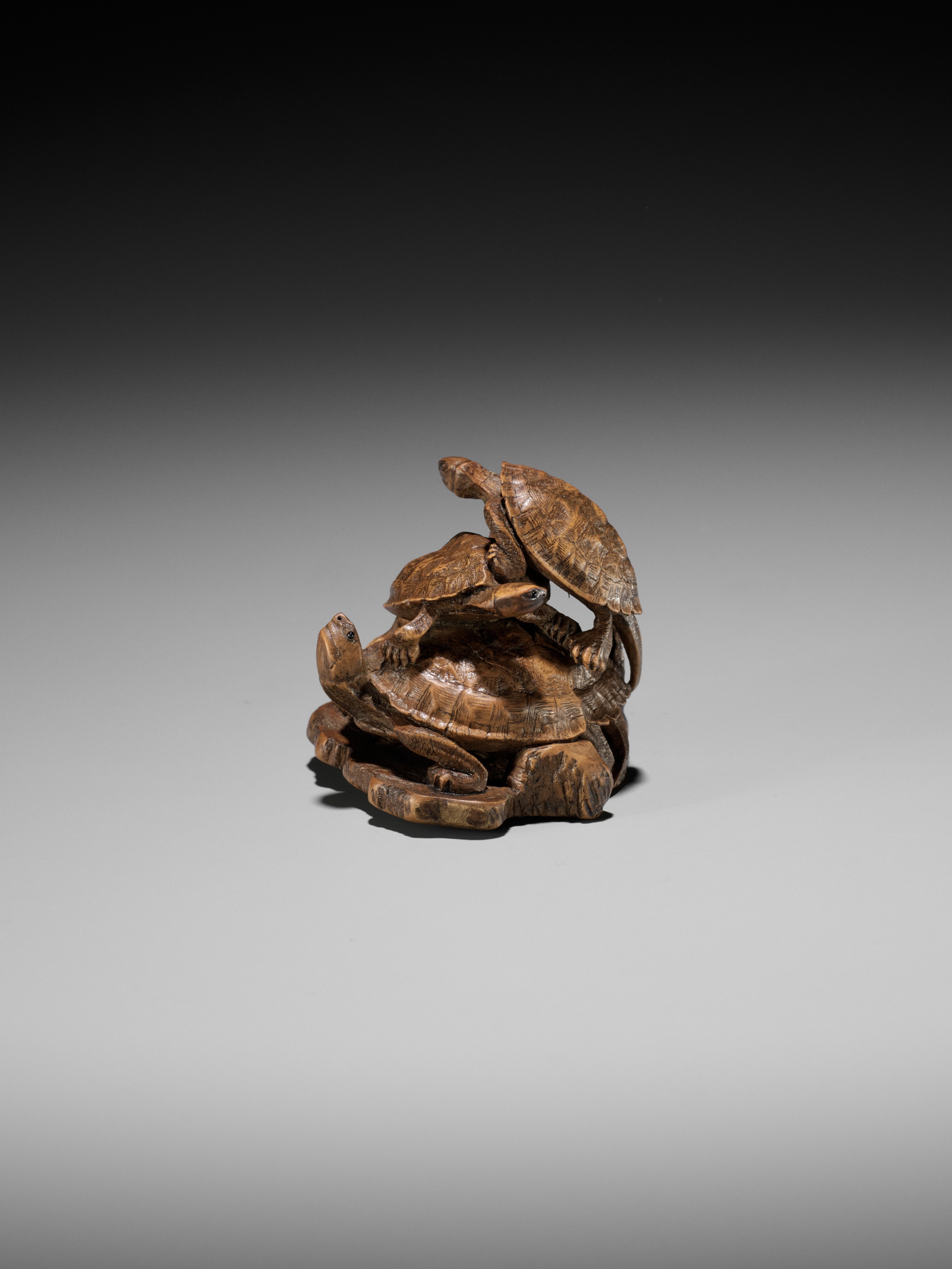 A WOOD OKIMONO NETSUKE OF A TURTLE PILE ON A ROOF TILE, ATTRIBUTED TO TADAKAZU - Image 8 of 14