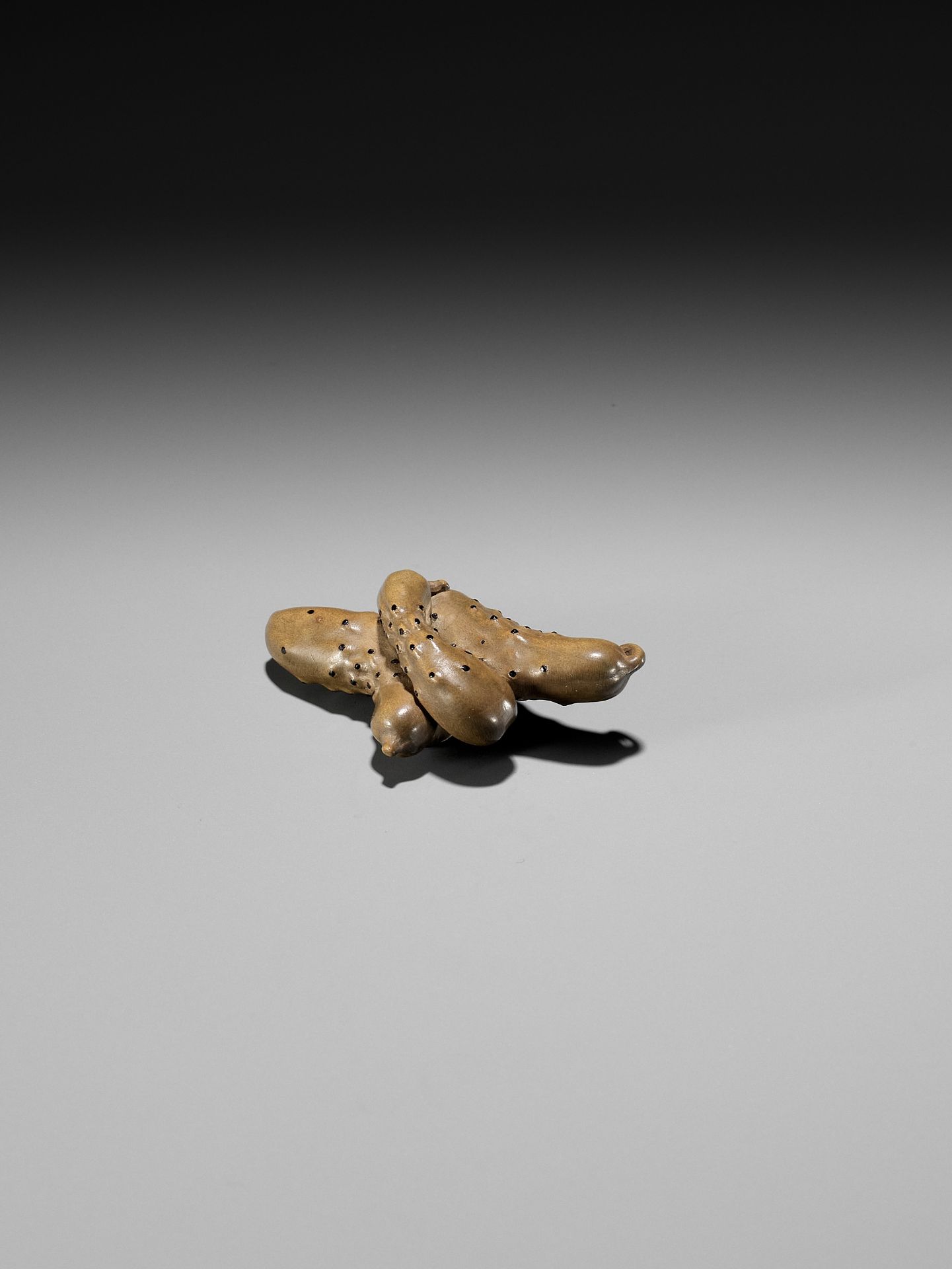 OUCHI GYOKUSO: A MASTERFUL STAINED AND LACQUERED WOOD NETSUKE OF A GROUP OF CUCUMBERS - Bild 8 aus 11