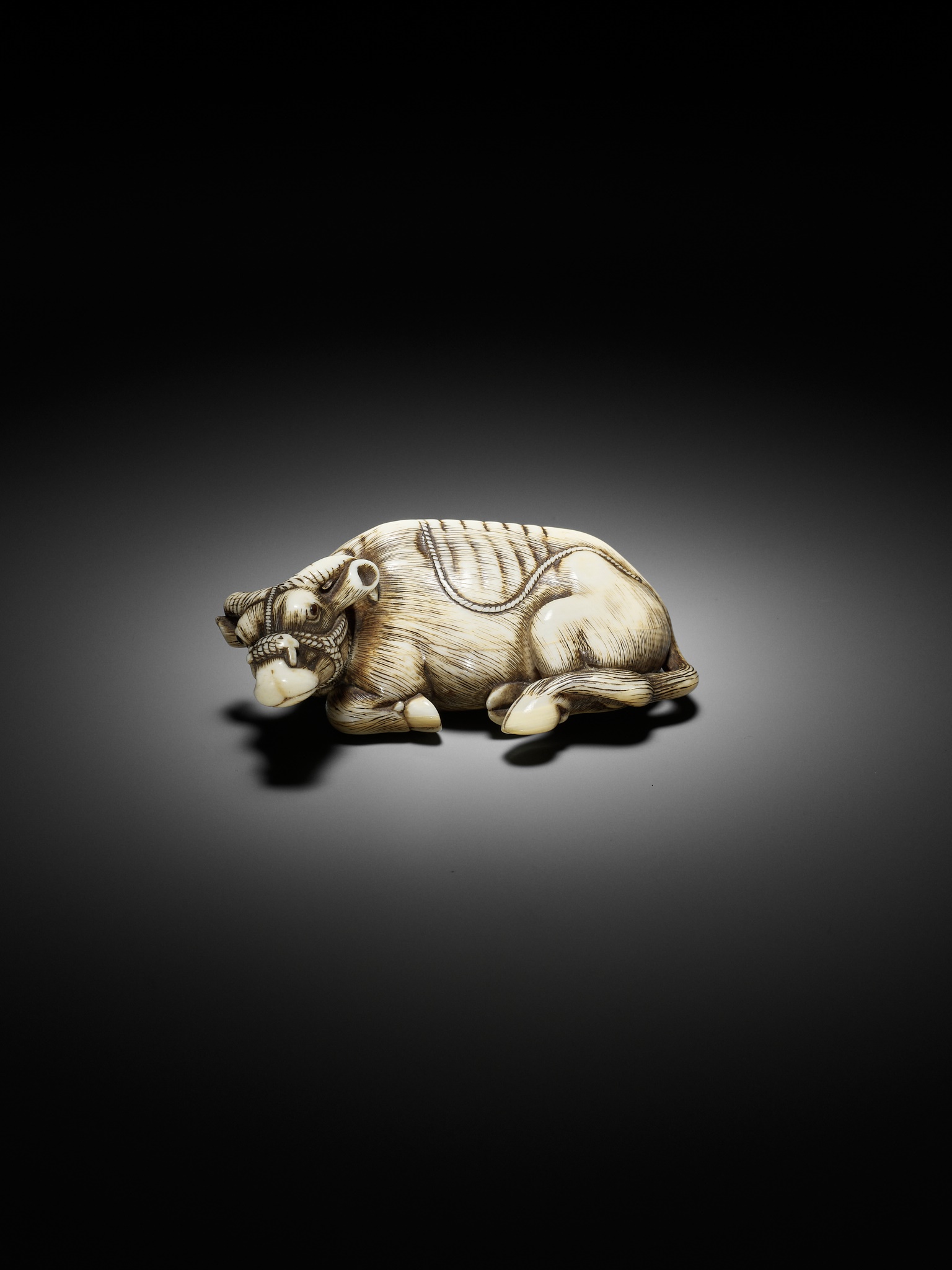 TOMOTADA: A SUPERB IVORY NETSUKE OF A RECUMBENT COW - Image 14 of 18