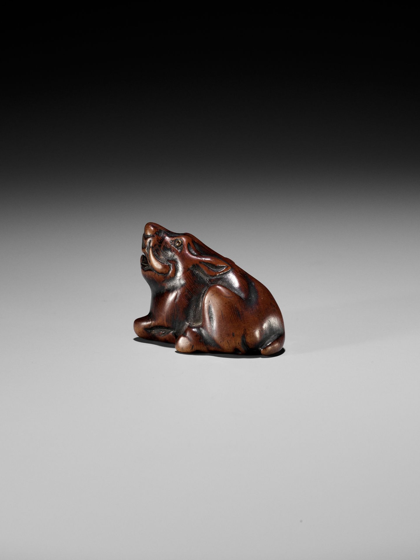 A FINE TANBA SCHOOL WOOD NETSUKE OF A RECUMBENT BOAR - Bild 6 aus 12