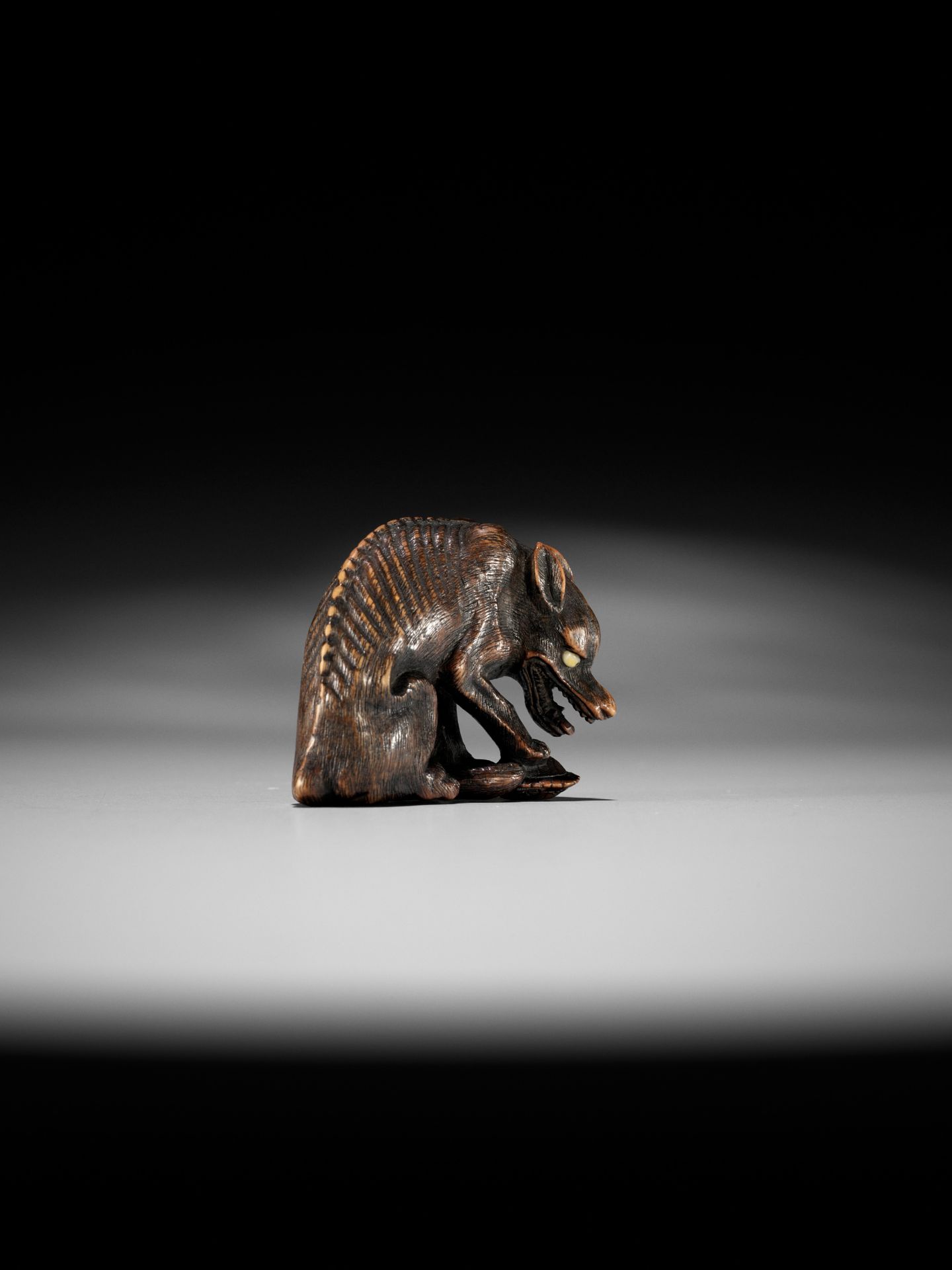 A SUPERB TOYOMASA SCHOOL WOOD NETSUKE OF AN EMACIATED WOLF WITH TORTOISE - Image 14 of 15