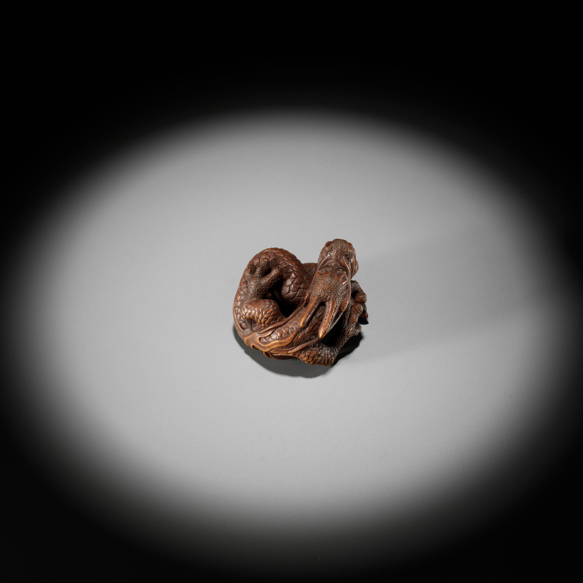 HARUMITSU: AN IMPRESSIVE WOOD NETSUKE OF A COILED DRAGON - Bild 9 aus 12