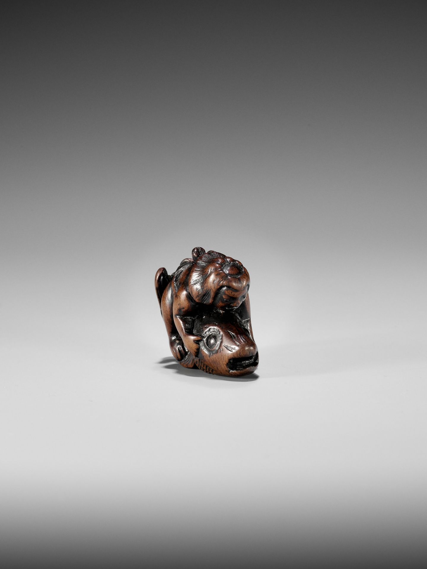 AN EARLY WOOD NETSUKE DEPICTING ONIWAKAMARU BATTLING THE GIANT CARP - Image 8 of 9