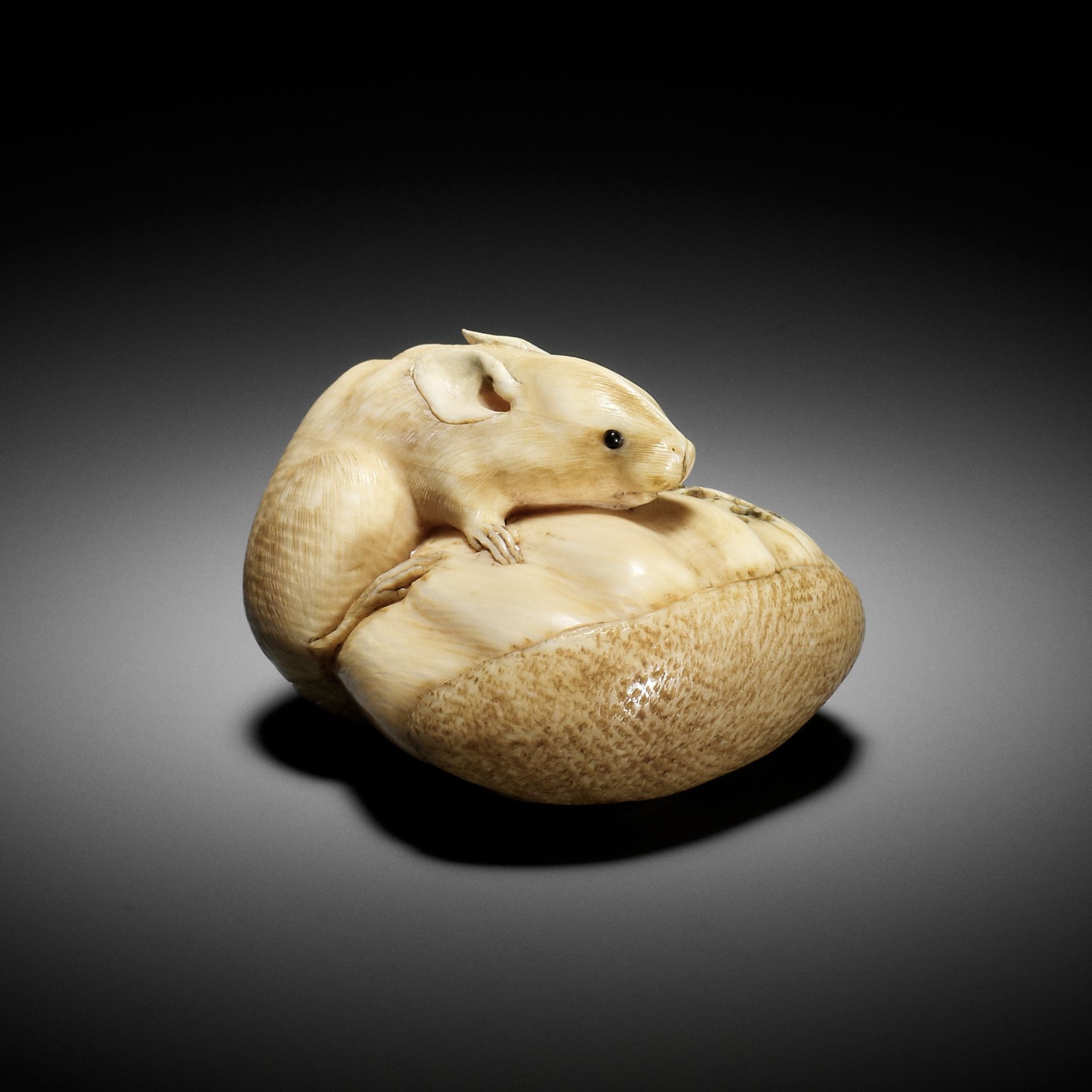 MASATAMI: A VERY FINE IVORY NETSUKE OF A RAT ON CHESTNUT