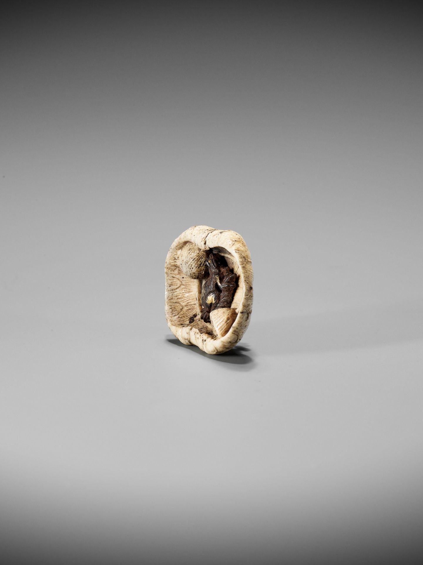 A RARE STAG ANTLER AND IRON NETSUKE DEPICTING A FROG ON A LOTUS LEAF - Image 6 of 8