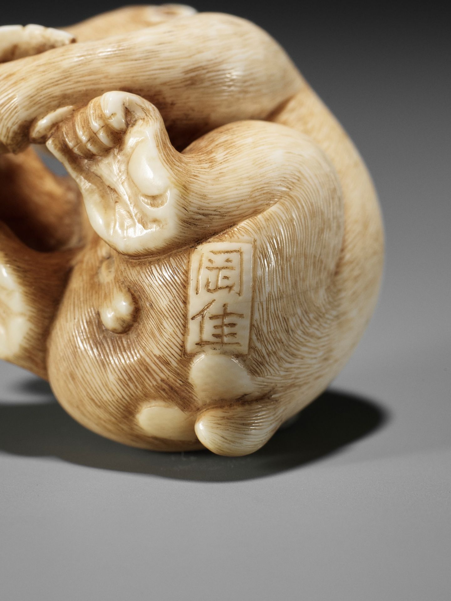 OKATORI: A FINE IVORY NETSUKE OF A MONKEY WITH A PEACH - Bild 12 aus 15