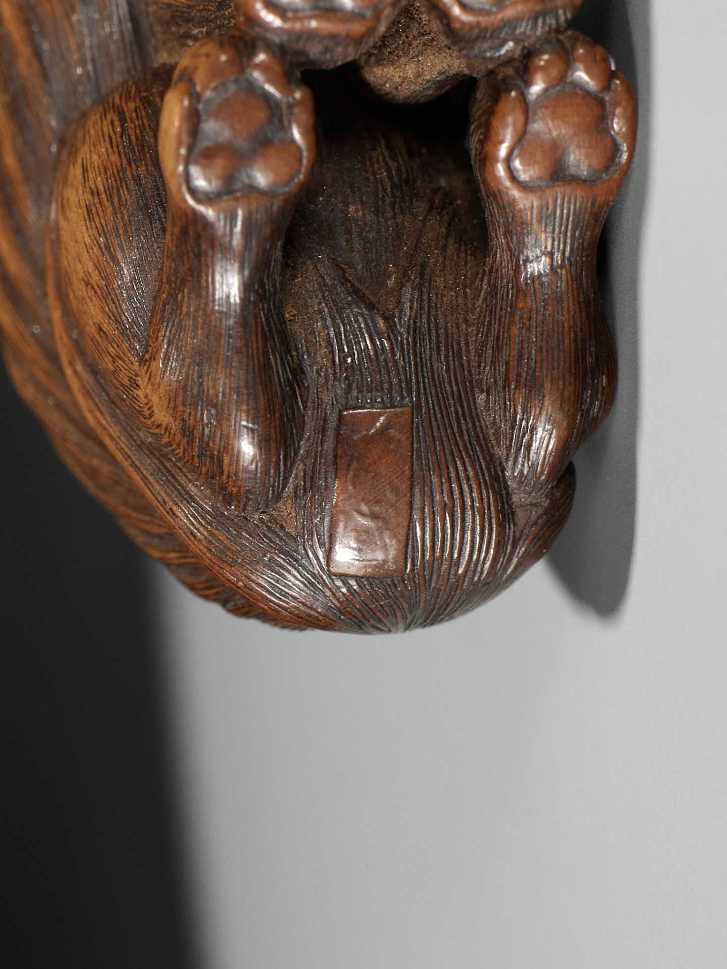 TADAKUNI: A SUPERB AND RARE WOOD NETSUKE OF A JAKONEKO (MUSK CAT) - Bild 15 aus 19