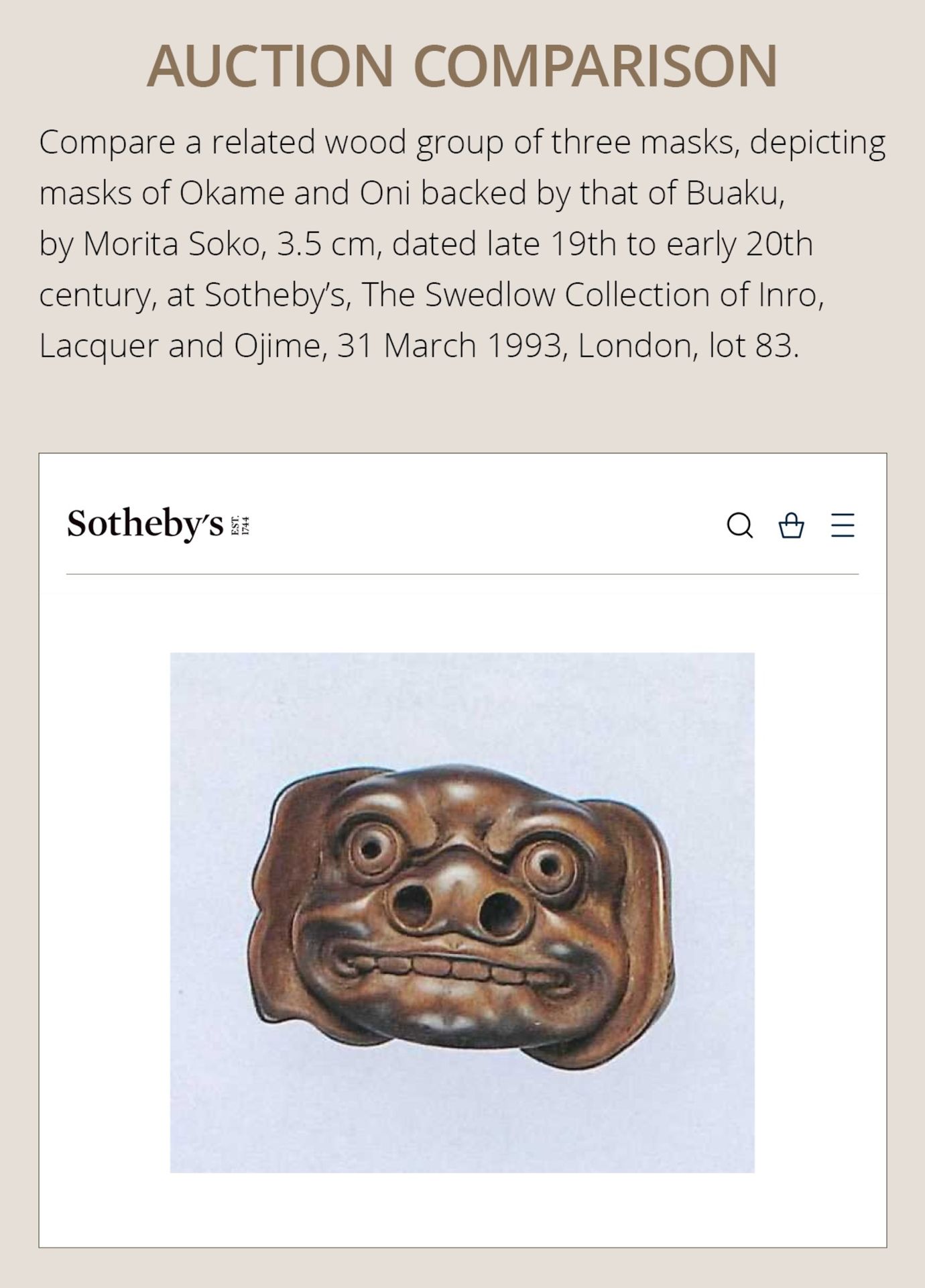 SOSHI: A FINE JOSO SCHOOL WOOD MASK NETSUKE OF A GROUP OF MASKS - Image 7 of 13