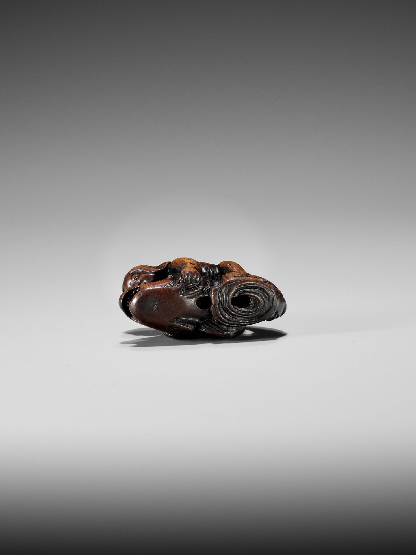 AN EARLY WOOD NETSUKE DEPICTING ONIWAKAMARU BATTLING THE GIANT CARP - Image 9 of 9