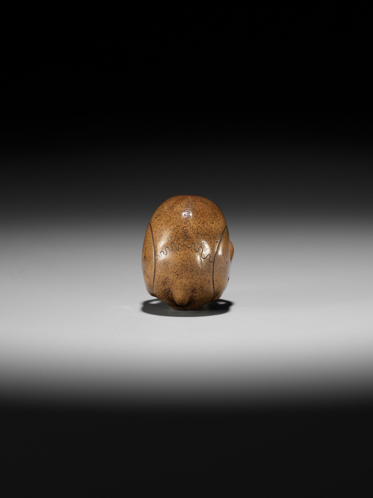 TADASHIGE: A SUPERB WOOD NETSUKE OF A SKULL WITH INLAID STAG ANTLER TEETH - Image 9 of 12