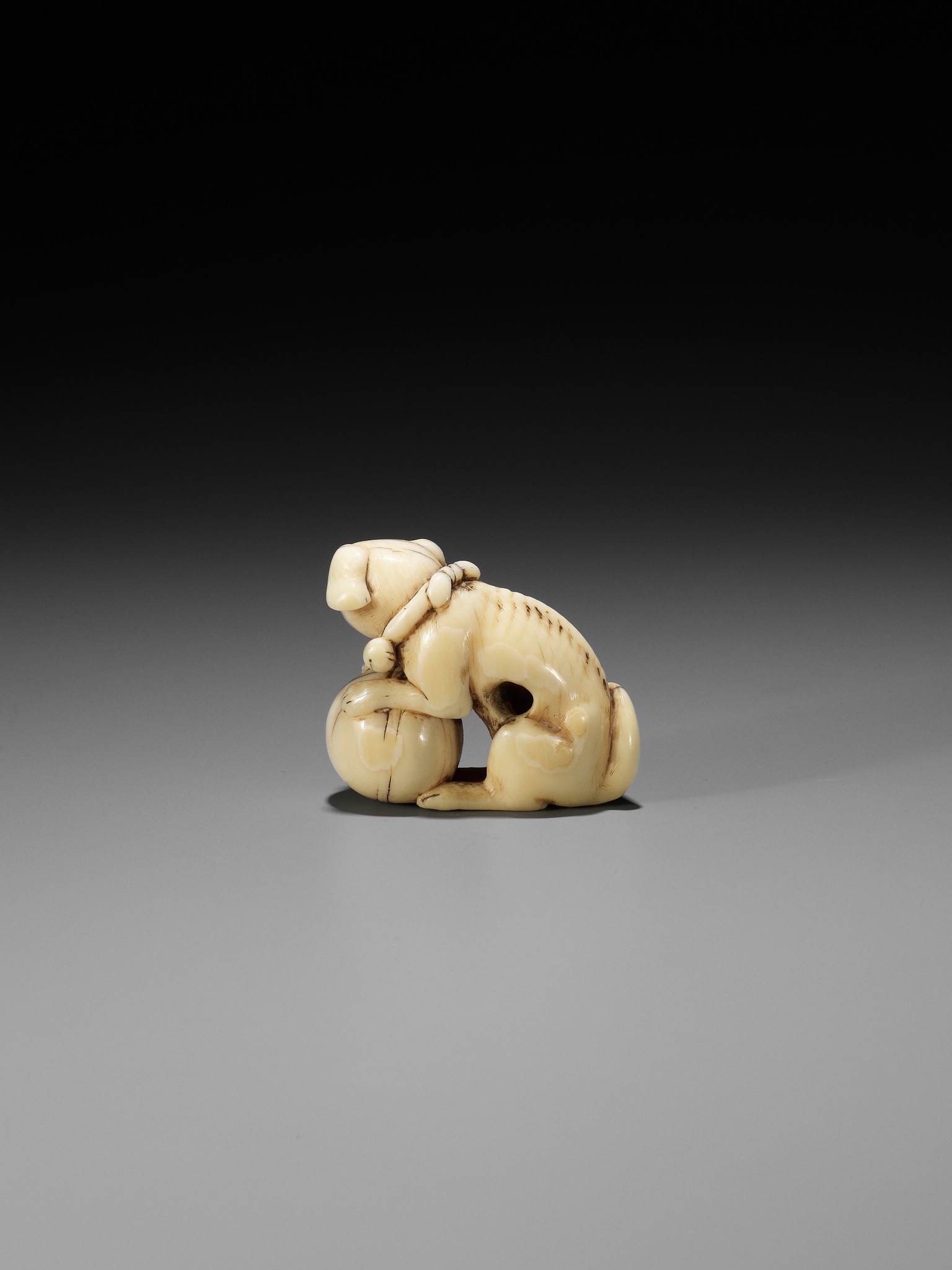 TOMOTADA: AN IVORY NETSUKE OF A DOG WITH BALL - Image 2 of 12