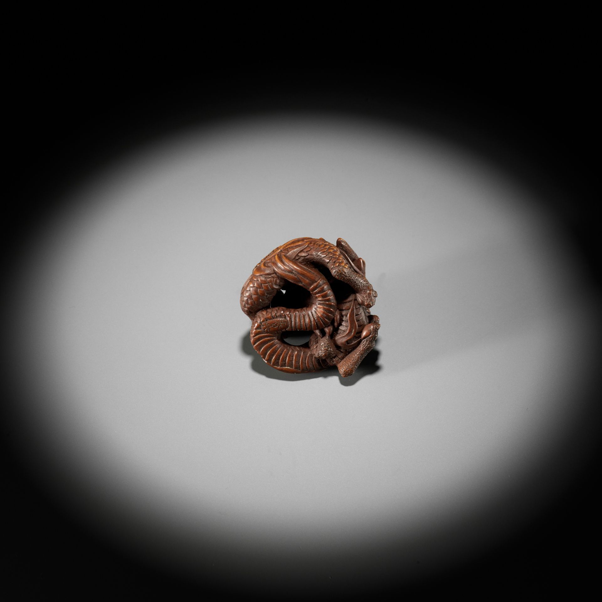 HARUMITSU: AN IMPRESSIVE WOOD NETSUKE OF A COILED DRAGON - Bild 11 aus 12