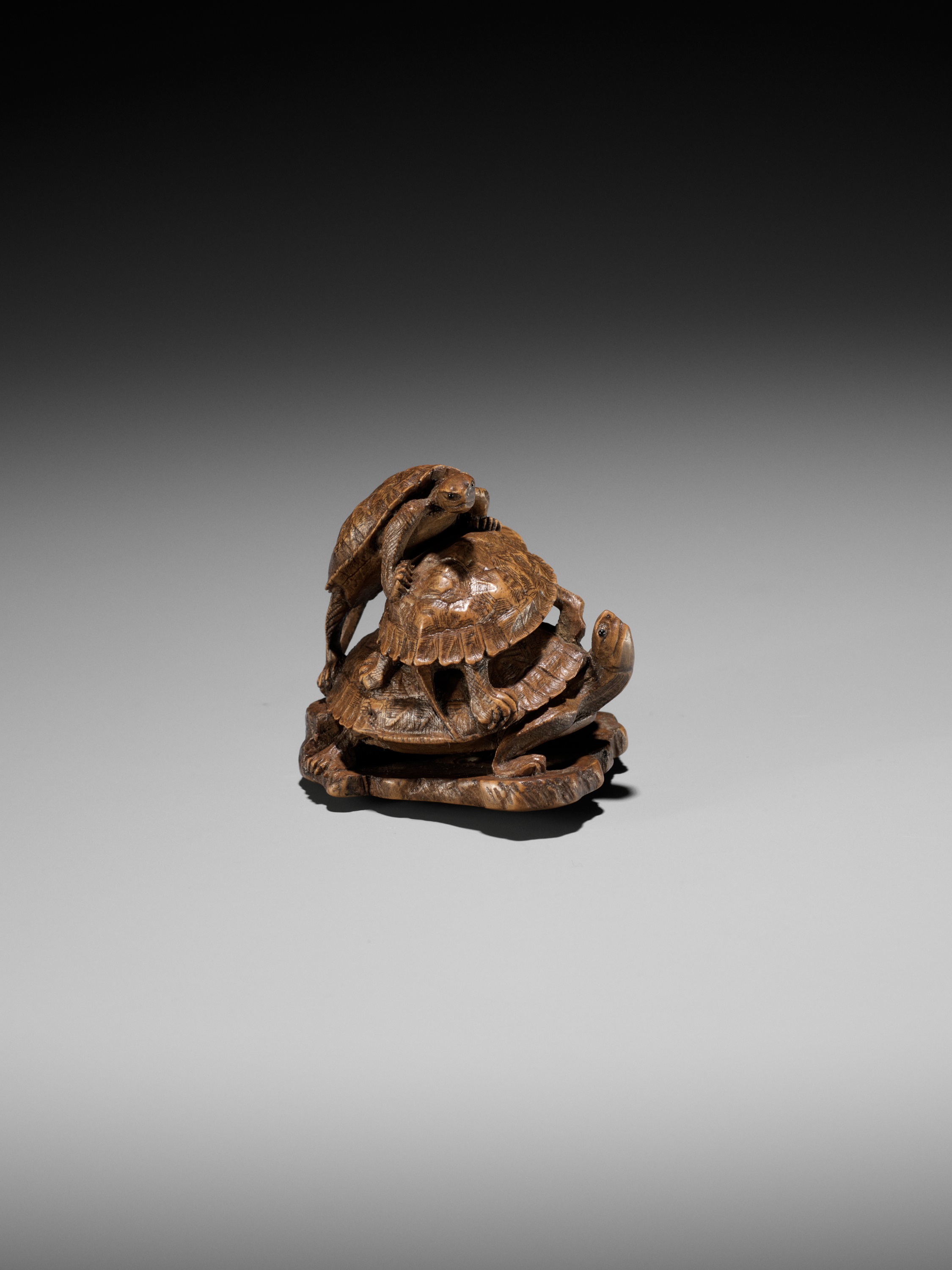 A WOOD OKIMONO NETSUKE OF A TURTLE PILE ON A ROOF TILE, ATTRIBUTED TO TADAKAZU - Image 3 of 14