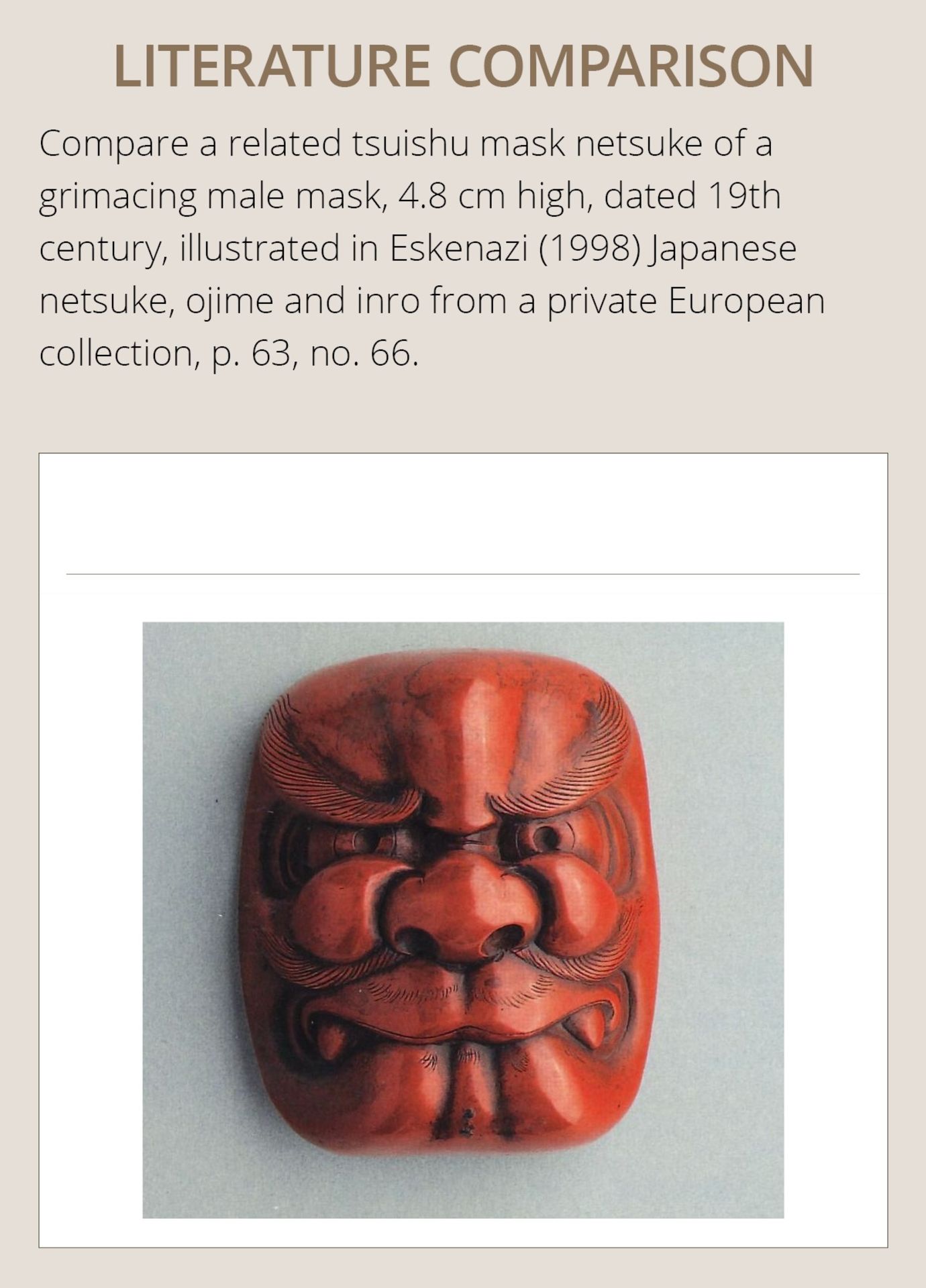 HOKEI: A MASTERFUL TSUISHU (RED LACQUER) MASK NETSUKE OF A SHOJO - Bild 9 aus 13