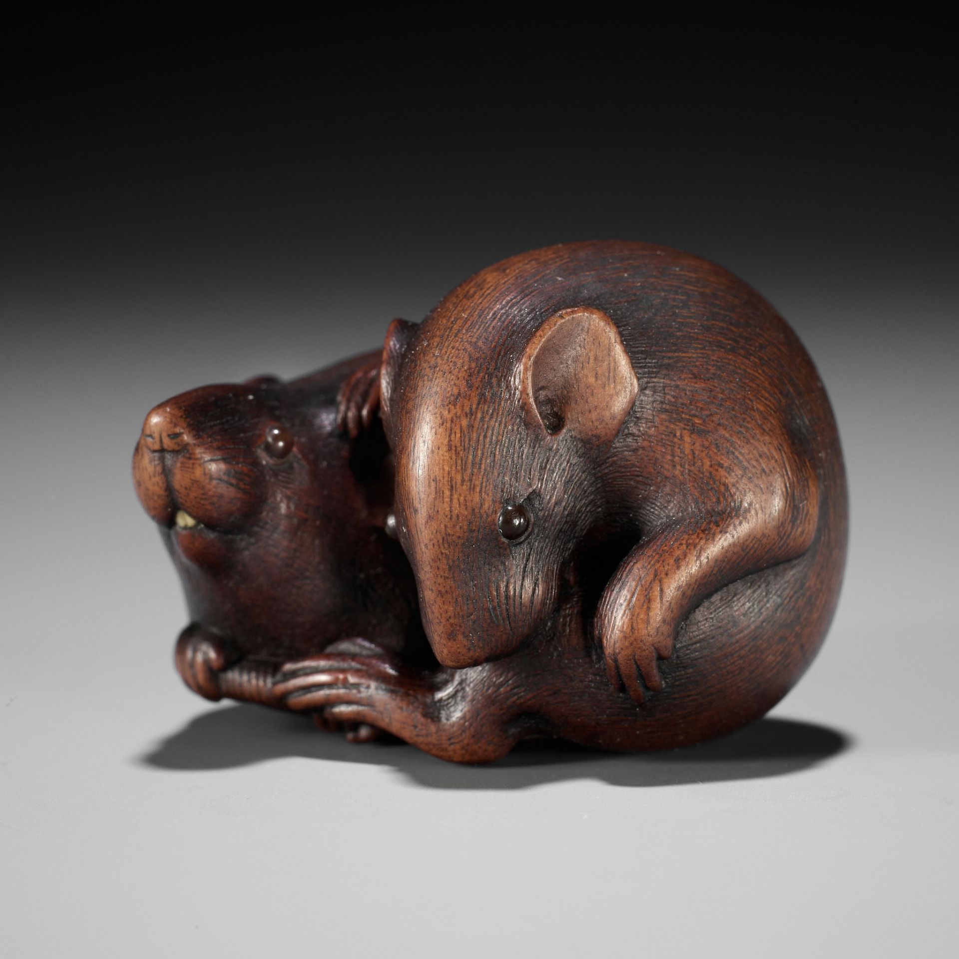 IKKAN: A SUPERB WOOD NETSUKE OF TWO RATS