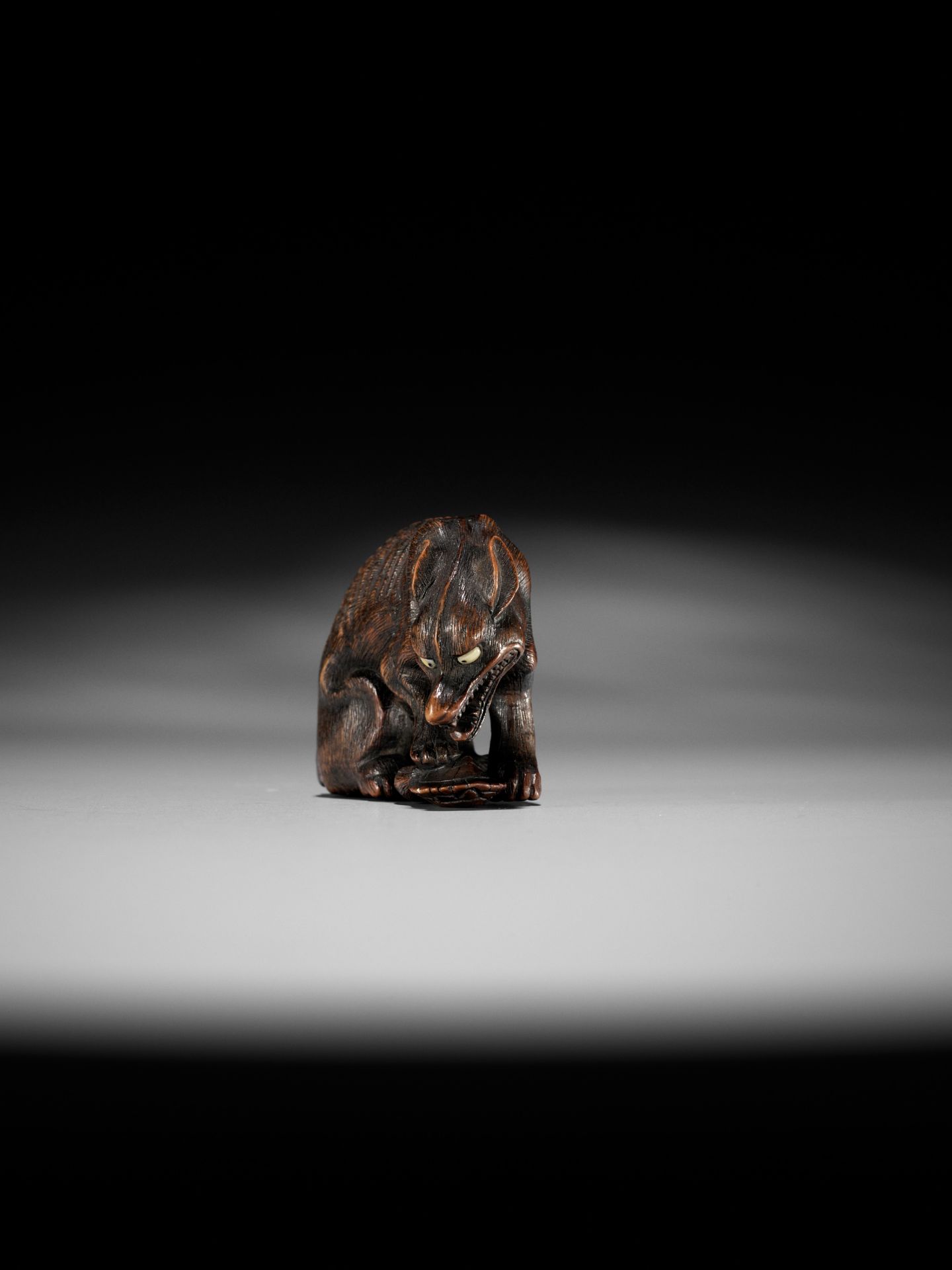 A SUPERB TOYOMASA SCHOOL WOOD NETSUKE OF AN EMACIATED WOLF WITH TORTOISE - Image 11 of 15