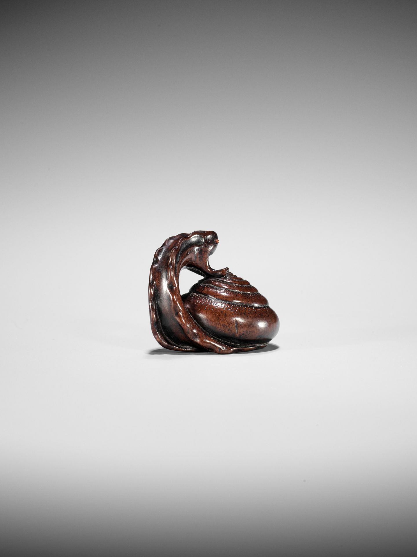 SHUZAN: AN EXCEPTIONAL WOOD NETSUKE OF A SNAIL ACROBAT - Bild 20 aus 25