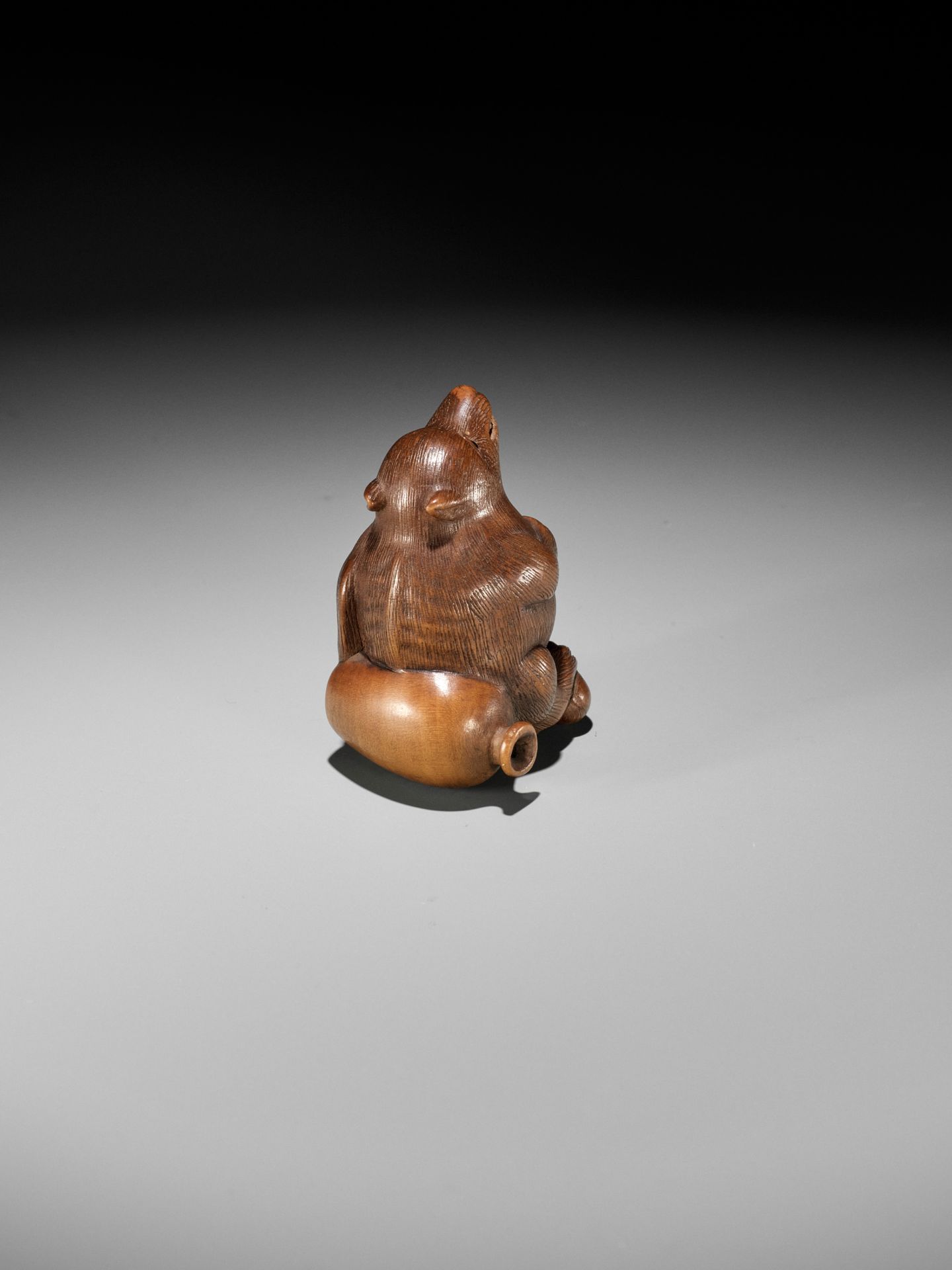 RANSEN: A FINE WOOD NETSUKE OF A DRUNKEN TANUKI HARA NO TSUZUMI - Image 6 of 14