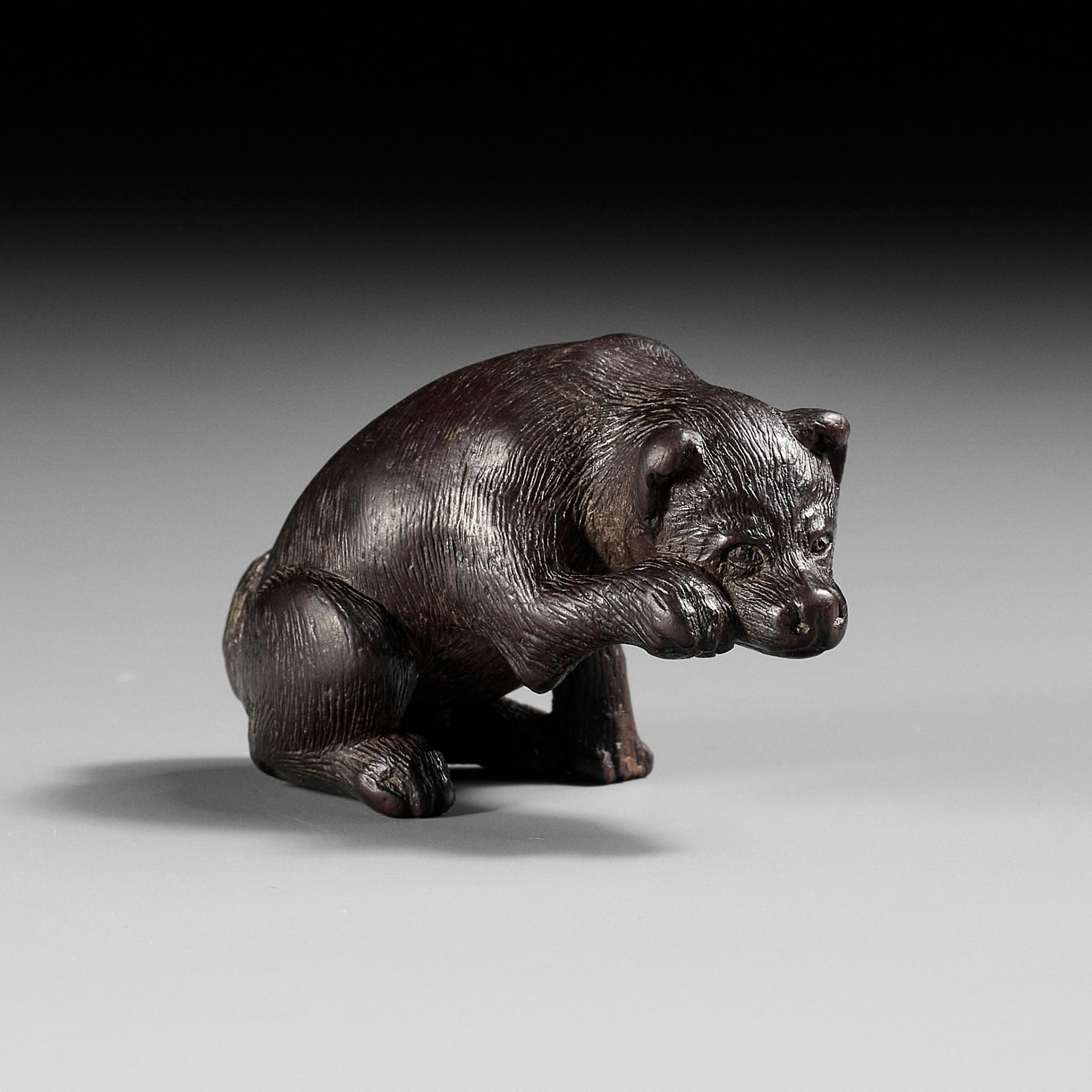 A RARE DARK WOOD NETSUKE OF A DOG SCRATCHING ITS JOWL