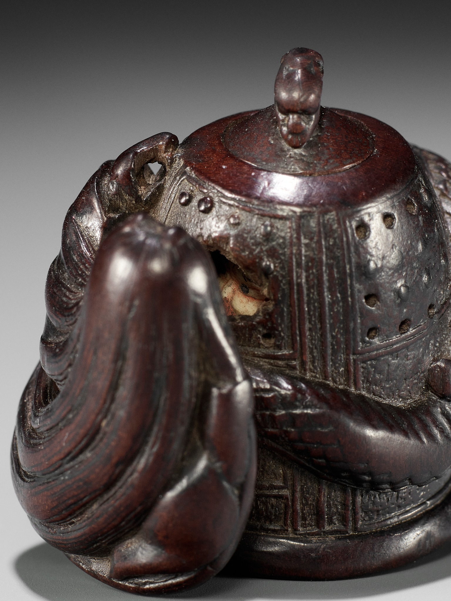 SHIGEYOSHI: AN INLAID DARK WOOD NETSUKE OF KIYOHIME - Image 3 of 11