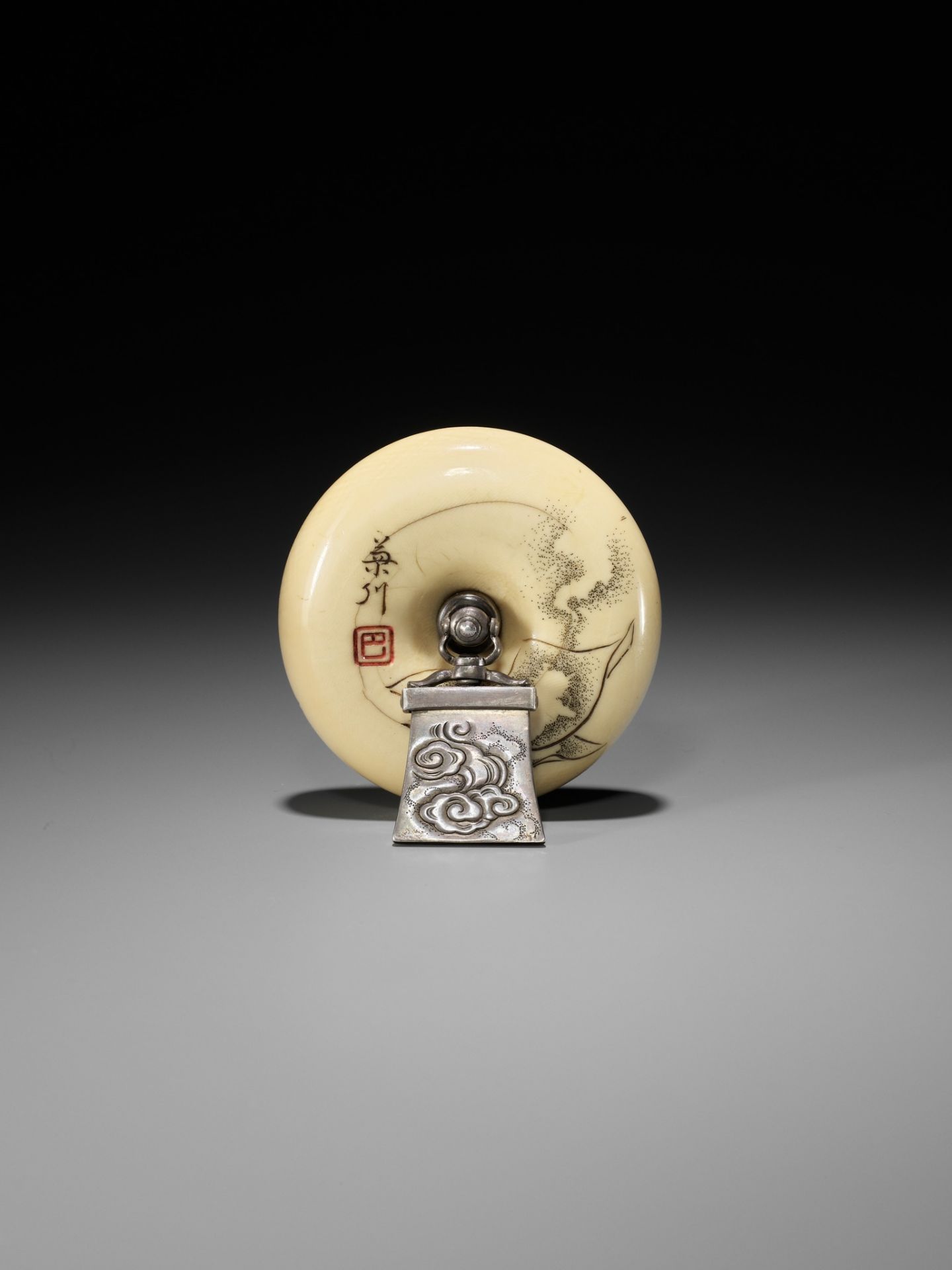 KIKUGAWA: A LARGE IVORY MANJU NETSUKE WITH OTSU-E MOTIF - Image 8 of 13