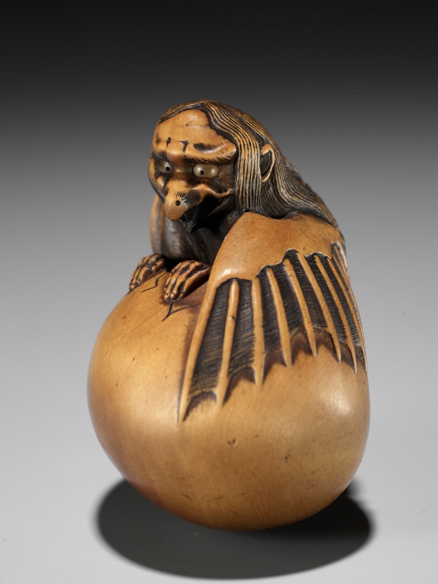 TOYOMASA: A SUPERB WOOD NETSUKE OF A HATCHING TENGU (TENGU NO TAMAGO) - Bild 5 aus 23