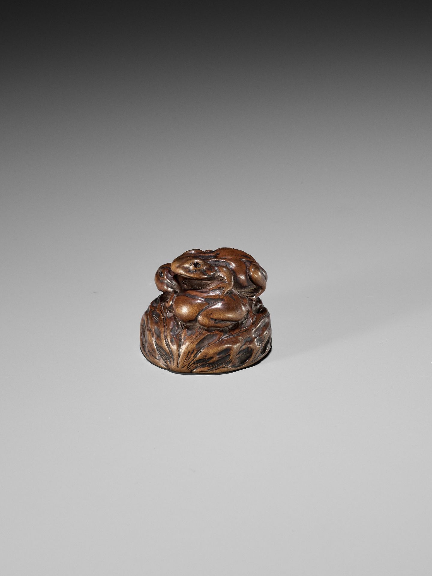 ISSAN: A WOOD NETSUKE OF TWO TOADS ON A WALNUT - Bild 8 aus 11