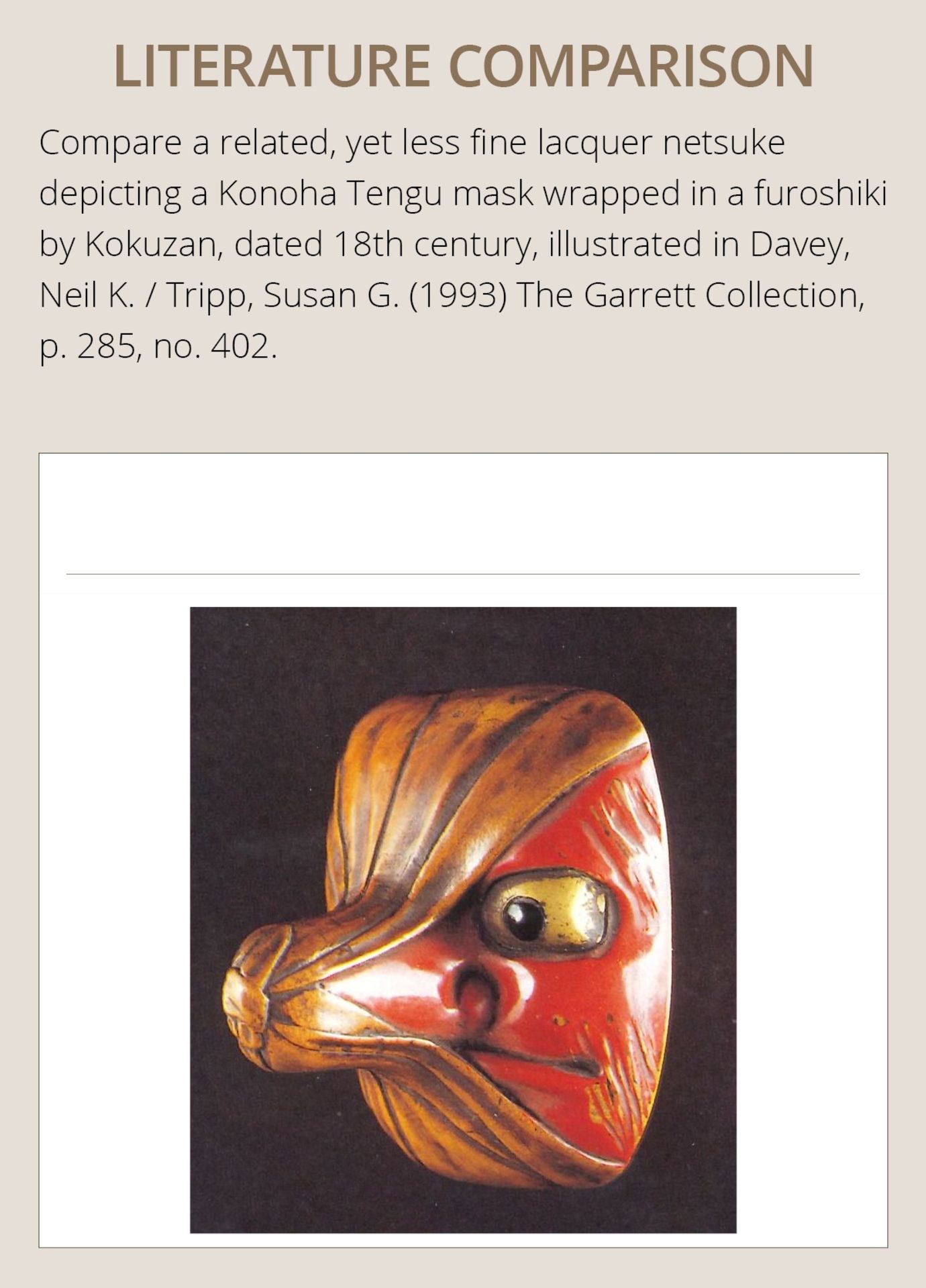 AN EXCEPTIONAL LACQUER NETSUKE OF A KONOHA TENGU MASK WRAPPED IN A FUROSHIKI - Bild 4 aus 11