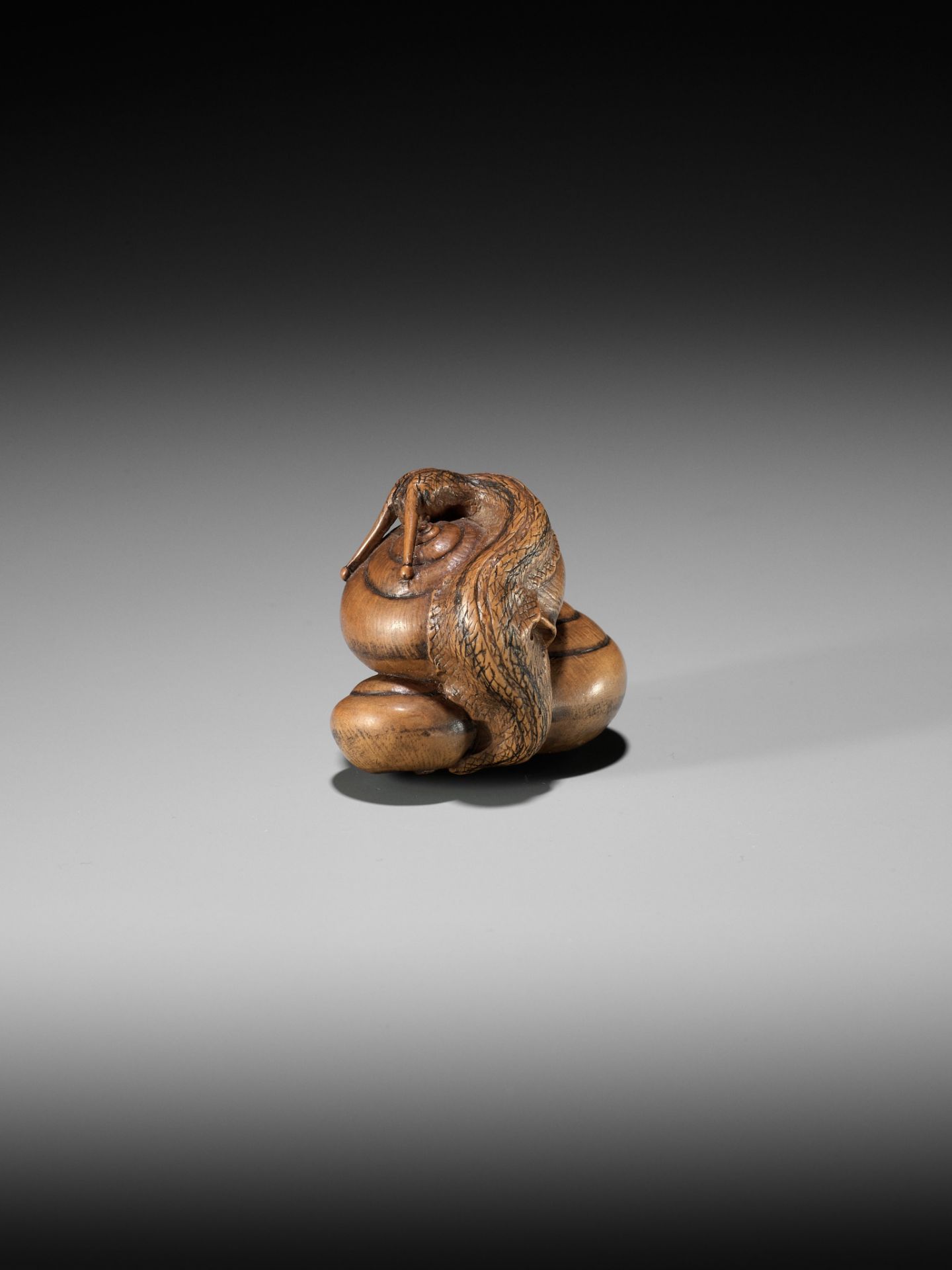 HIDEHARU: A SUPERB WOOD NETSUKE OF THREE SNAILS - Bild 2 aus 15