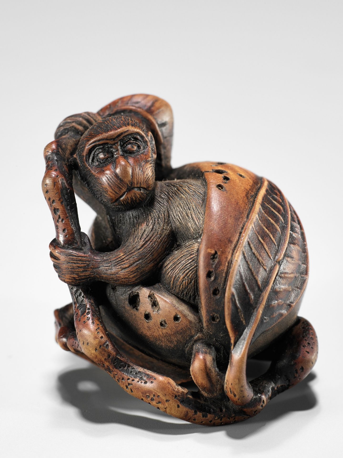 TOYOSHIMA: A FINE WOOD NETSUKE OF A MONKEY EMERGING FROM A PEACH