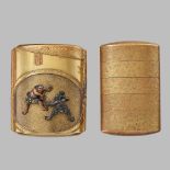 A RARE METAL-INLAID GOLD-LACQUER FOUR CASE SAYA (SHEATH) INRO DEPICTING SUMO WRESTLERS