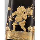 A RARE AND EARLY BLACK AND GOLD LACQUER FOUR-CASE INRO DEPICTING RAIJIN AND FUJIN