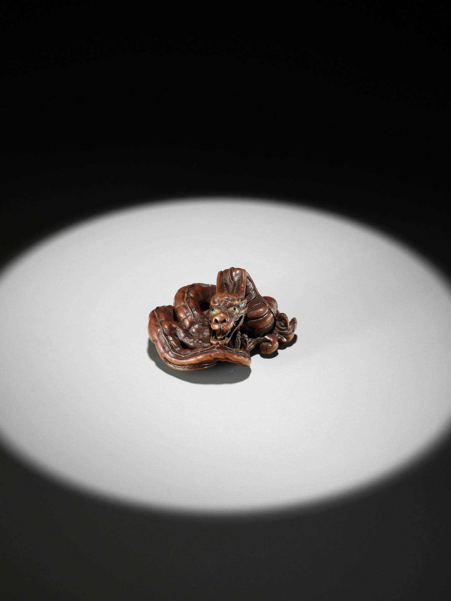 HIDARI ISSAN: A SUPERB WOOD NETSUKE OF A COILED DRAGON - Image 10 of 19