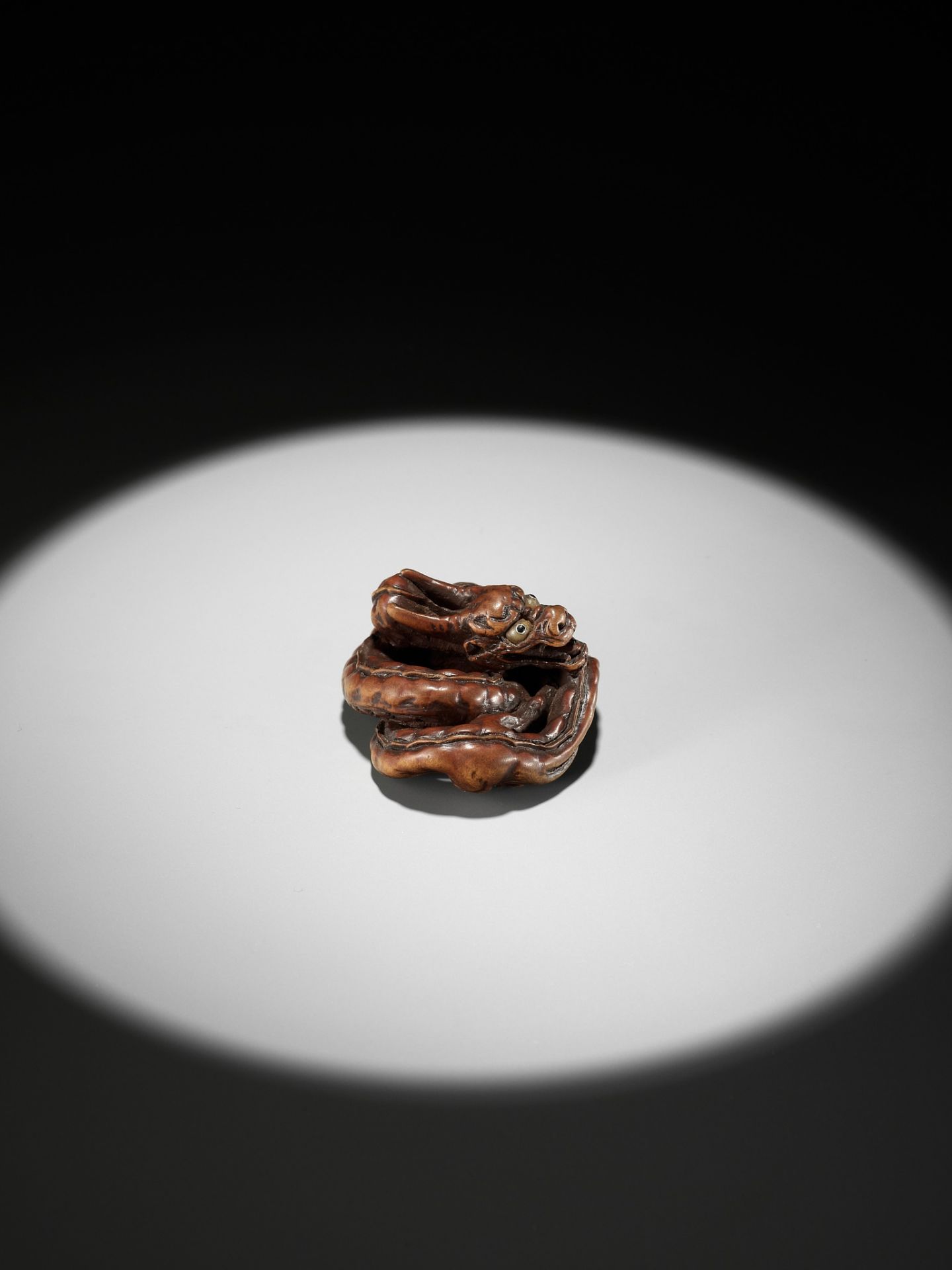 HIDARI ISSAN: A SUPERB WOOD NETSUKE OF A COILED DRAGON - Image 16 of 19