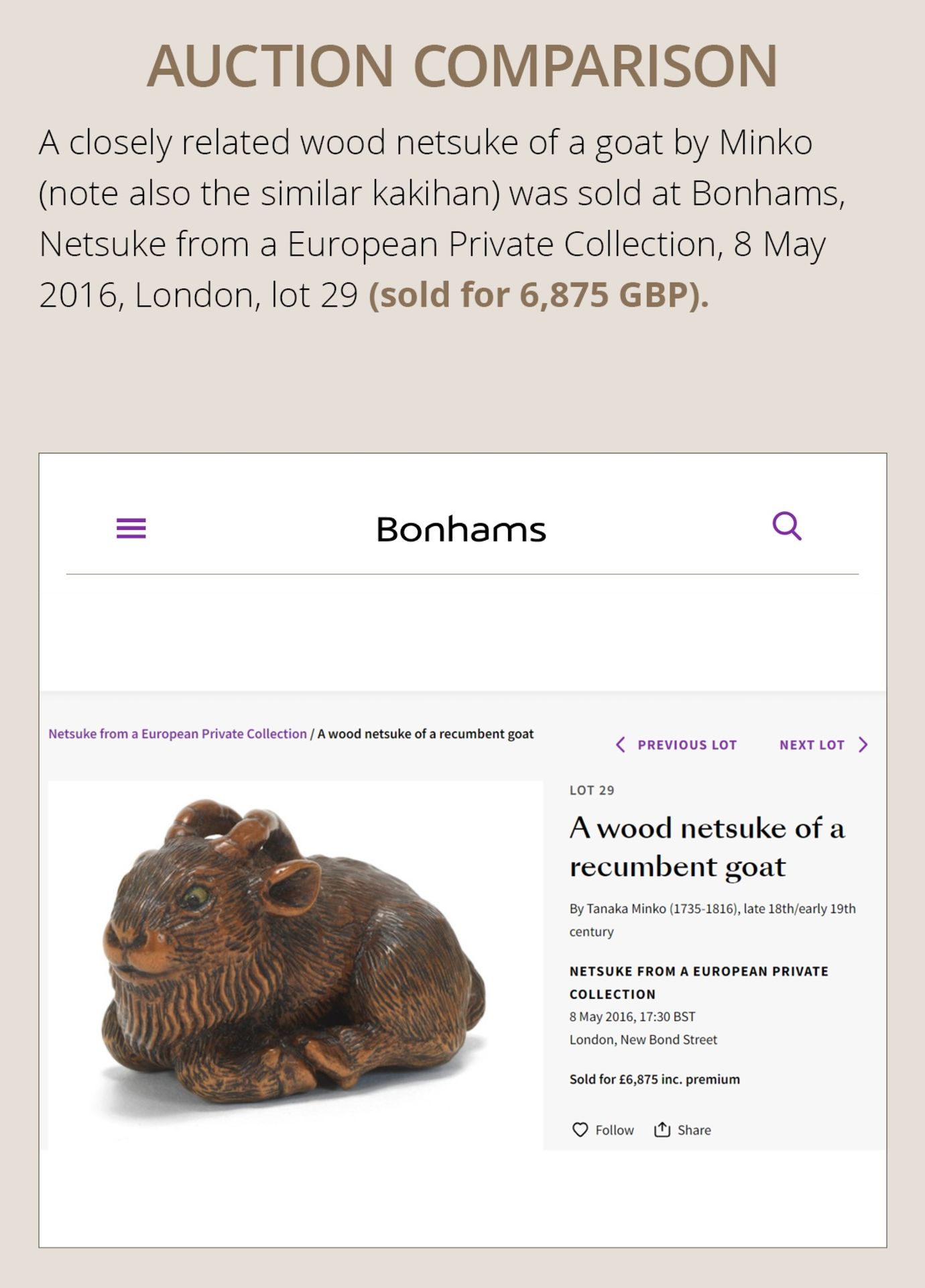 MINKO: A WOOD NETSUKE OF A RECUMBENT GOAT - Bild 4 aus 10