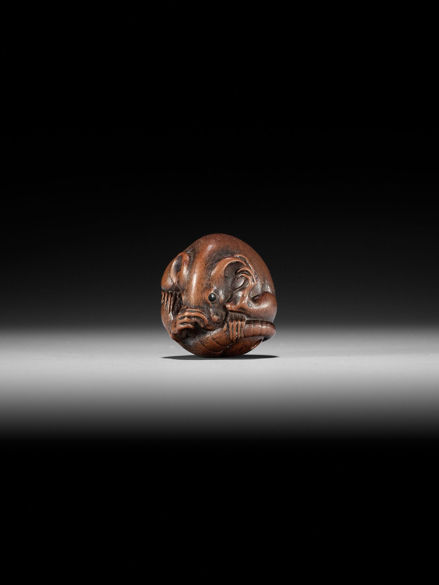 ITTAN: A FINE WOOD NETSUKE OF A COILED RAT - Bild 2 aus 11