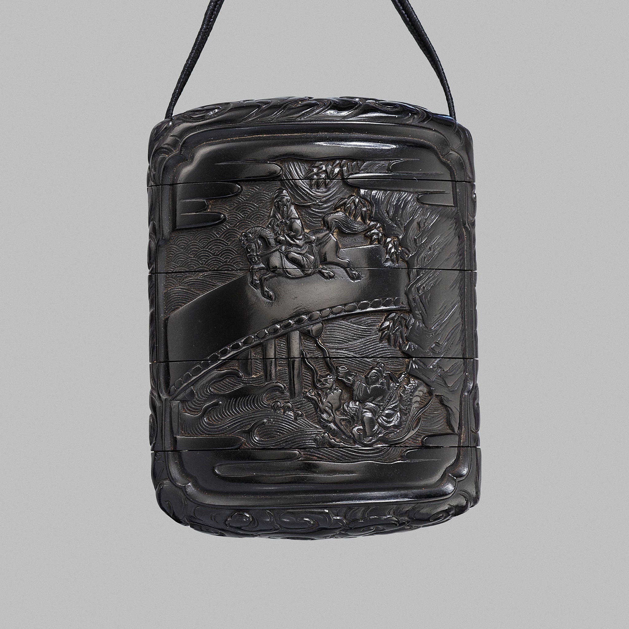 ZONSEI: A FINE TSUIKOKU (CARVED BLACK LACQUER) FOUR-CASE INRO DEPICTING CHORYO AND KOSEKIKO